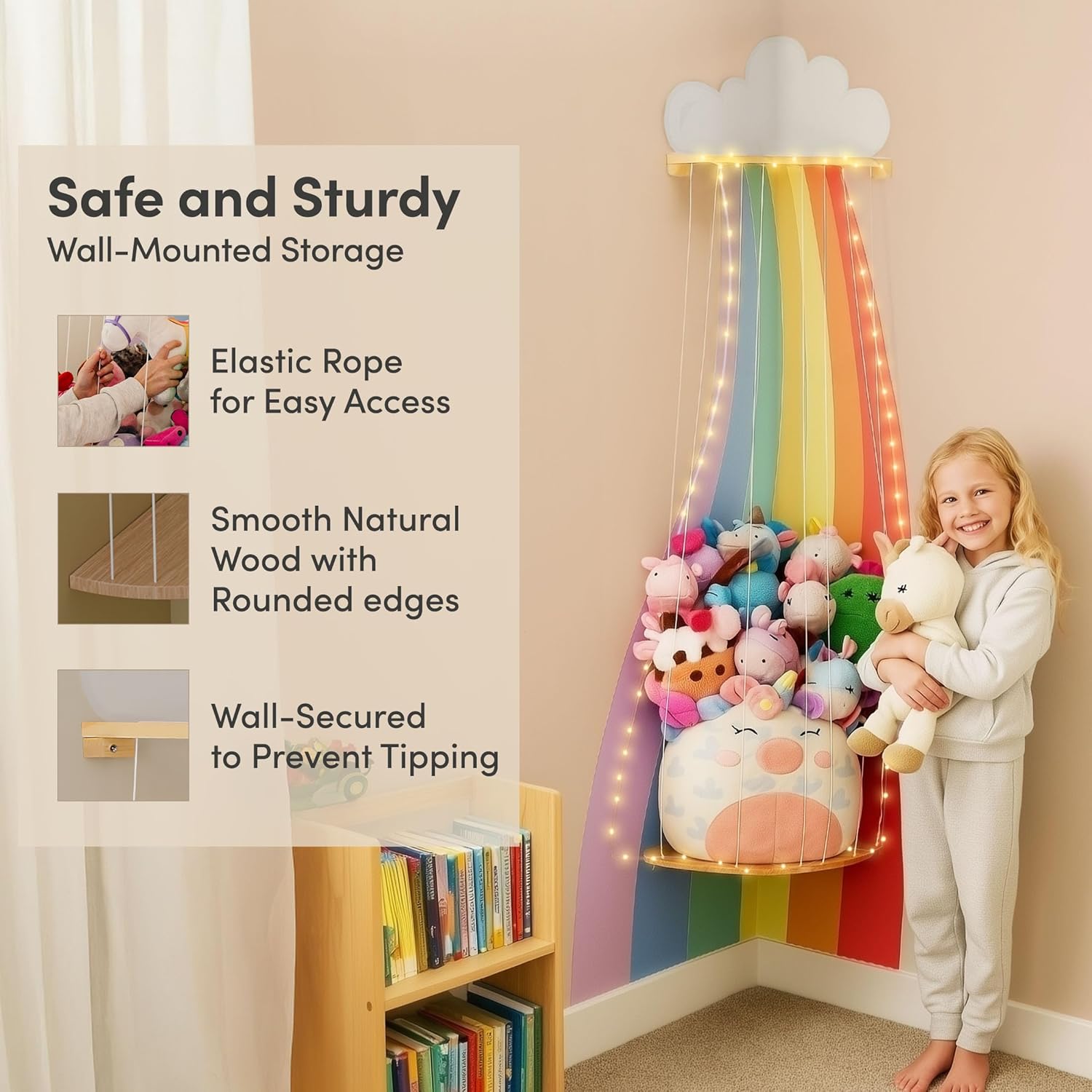 Thumbnail 4 de PUTSKA Corner Nursery Storage Shelf – Space-Saving Wooden Organizer for Plush Toys, Baby Essentials & Nursery Décor