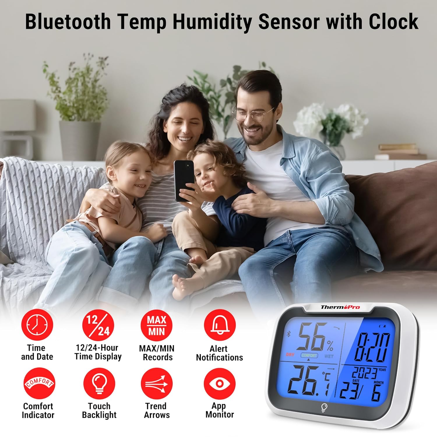 Detalle 2 de ThermoPro TP393B termometro ambiente digitale con igrometro, Bluetooth e orologio retroilluminato