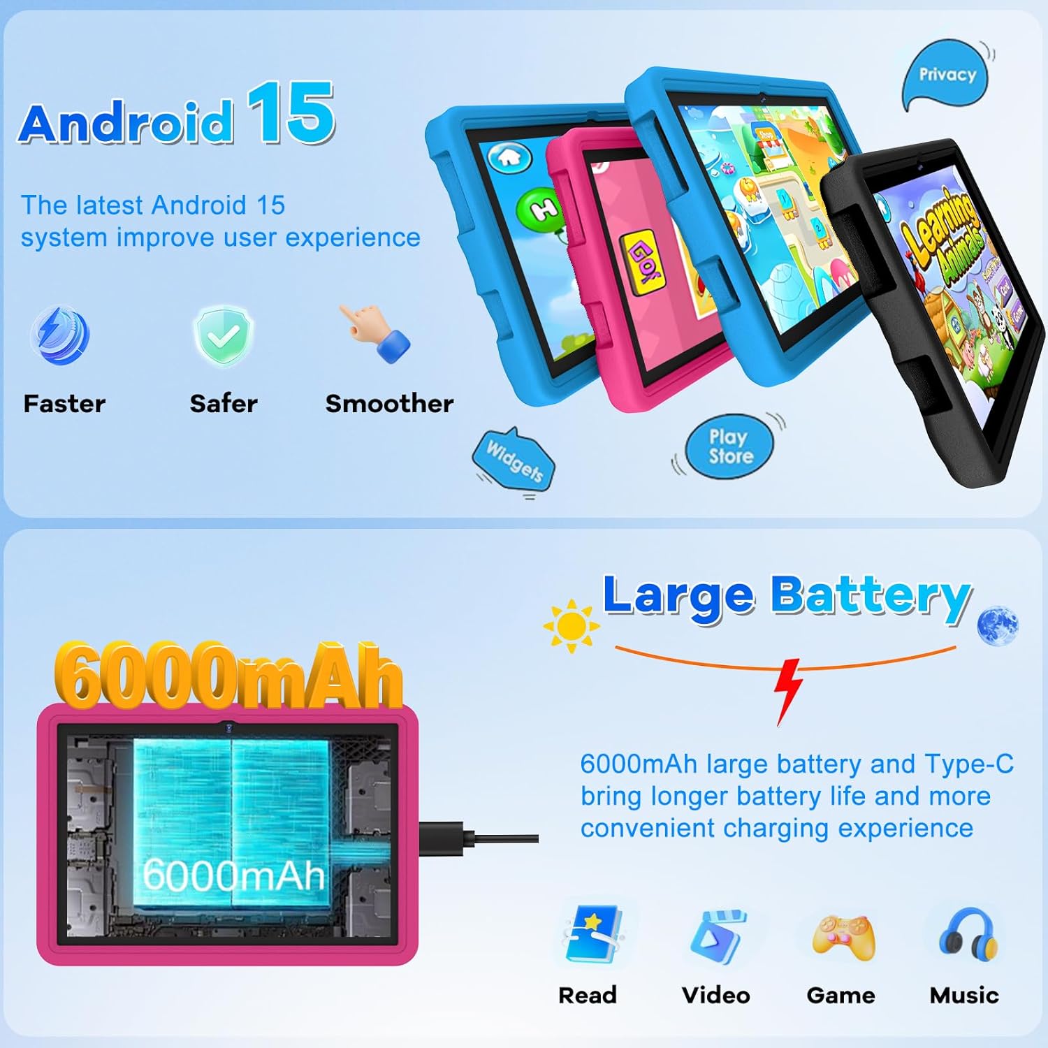 Detalle de DMOAO Kinder Tablet 10 Zoll – Android 15, 30 GB RAM, 64 GB ROM, Erweiterbarer Speicher bis 2 TB, 360° Ständer, EVA Schutzhülle