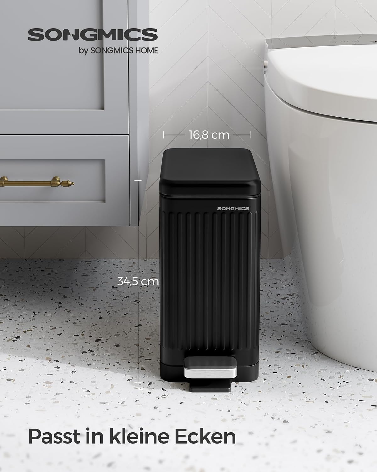 Detalle de SONGMICS Kosmetikeimer 10 Liter (LTB562B01) – schmaler Mülleimer fürs Bad mit Softclose und Pedal