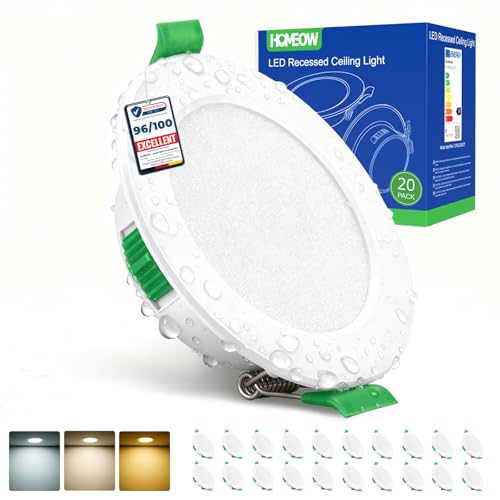 Detalle de HOMEOW Lot de 20 Spot LED Encastrable Extra Plat 5W – 68–80 mm, IP44, Blancs T° 2700/4000/6000K