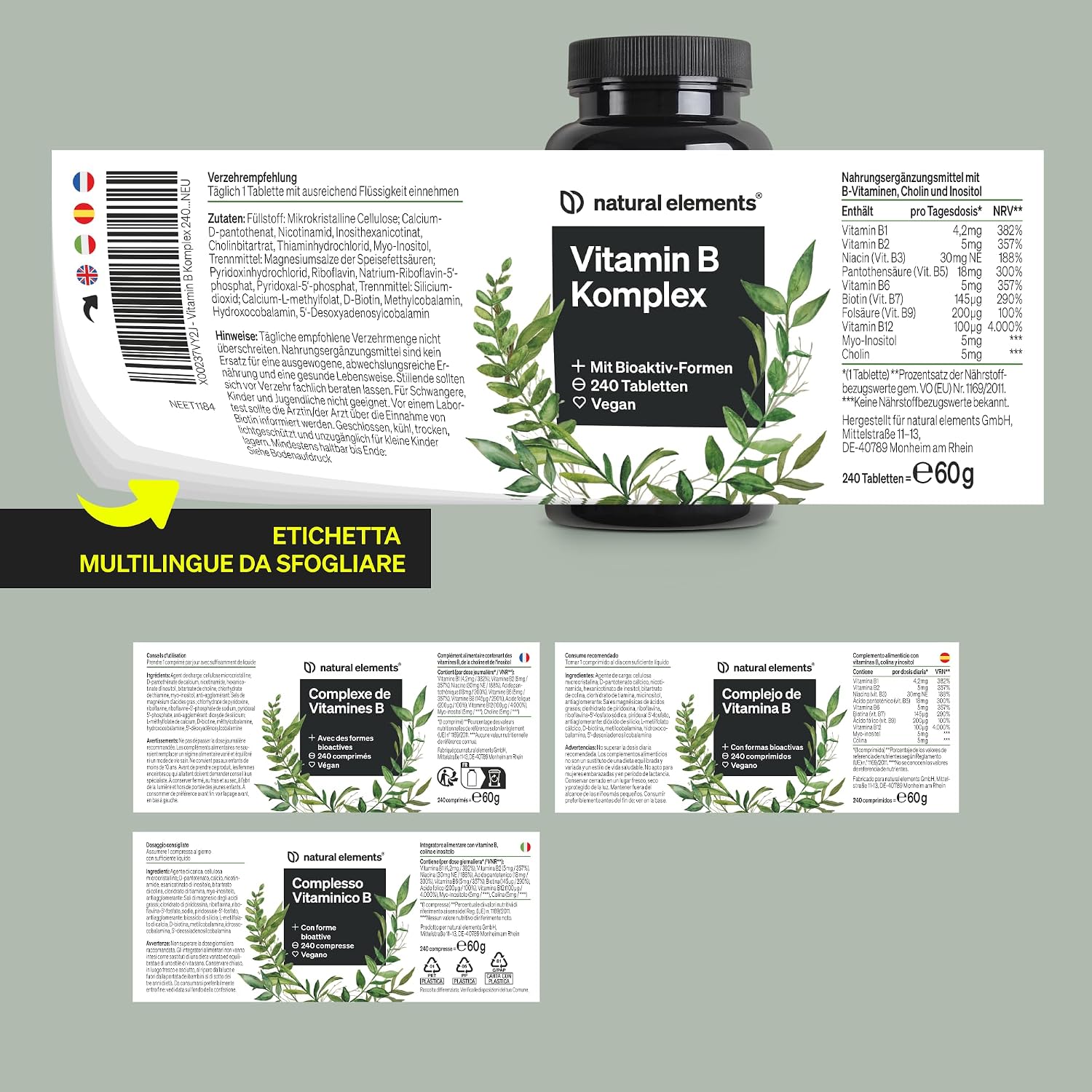 Detalle de Complesso Vitaminico B con 8 vitamine B essenziali e cofattori, 240 compresse vegane (Natural Elements)