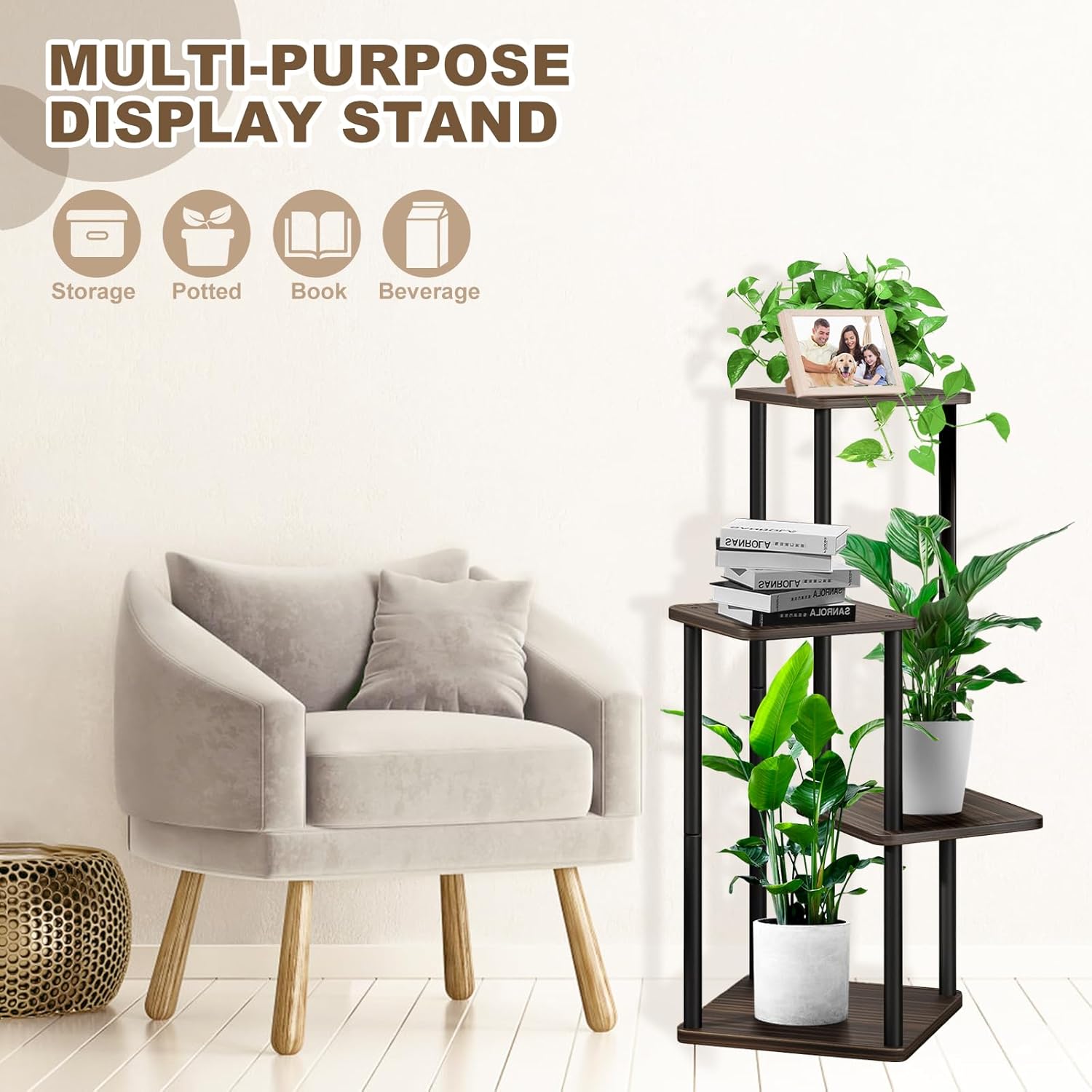 Thumbnail 2 de YOCOMEY 4-Tier Holz-Blumenregal – Pflanzentreppe, Standregal für Innen, Balkon und Garten (Schwarz/Eiche)