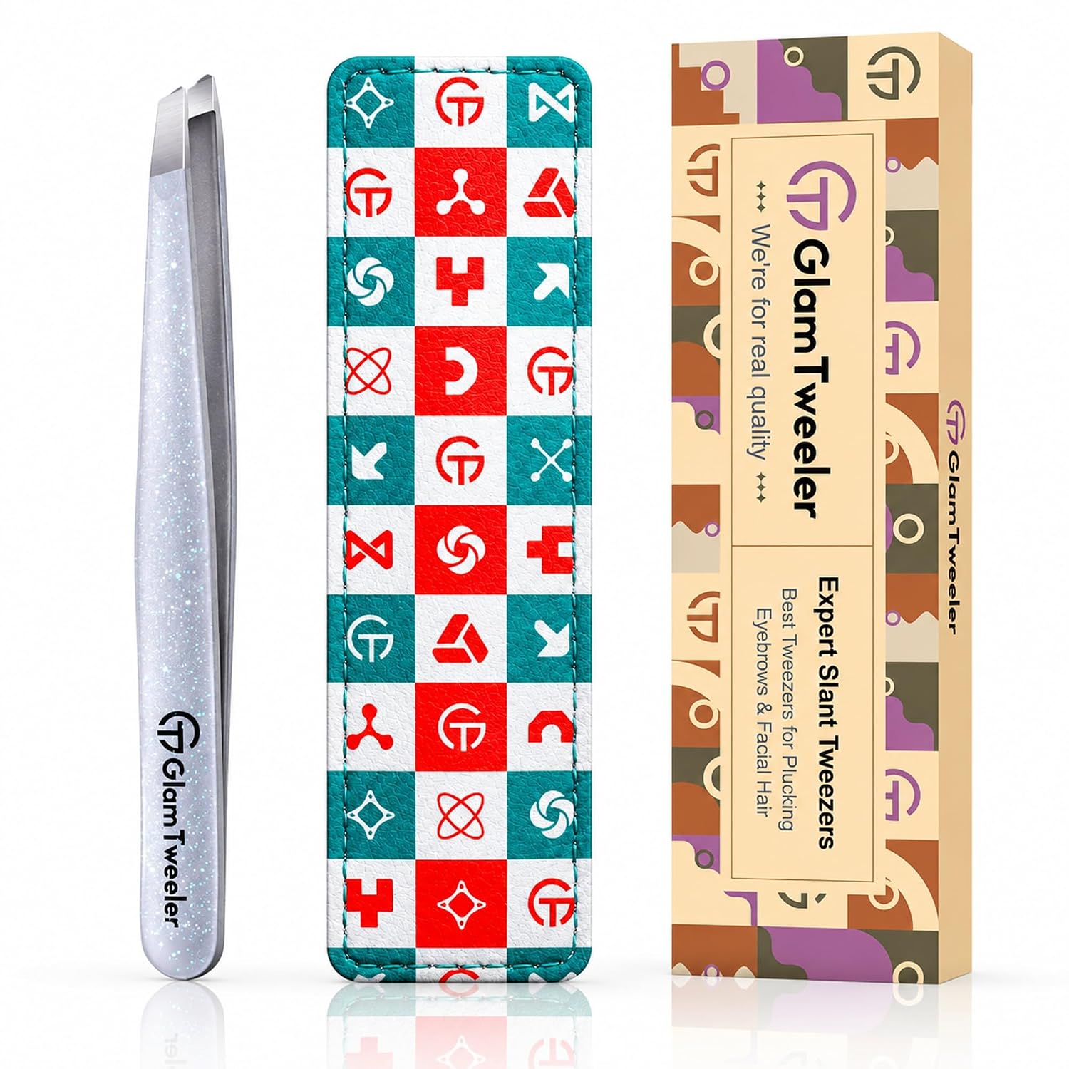 Expert Slant Tip Tweezers with Leather Case by GlamTweeler — Sharp, Precise Stainless Steel Eyebrow & Facial Hair Removal (Sparkle Silver)