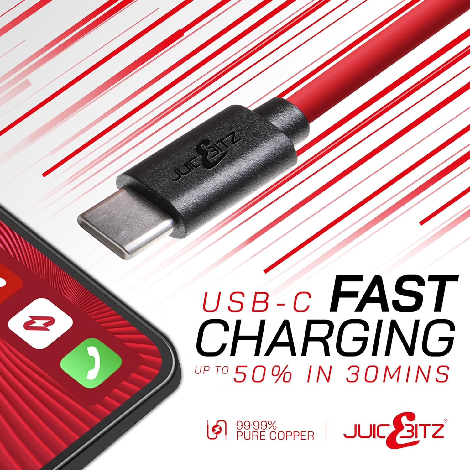 Thumbnail 2 de JuicEBitz USB A to USB C Cable 2m – Fast Charging & Data, Red