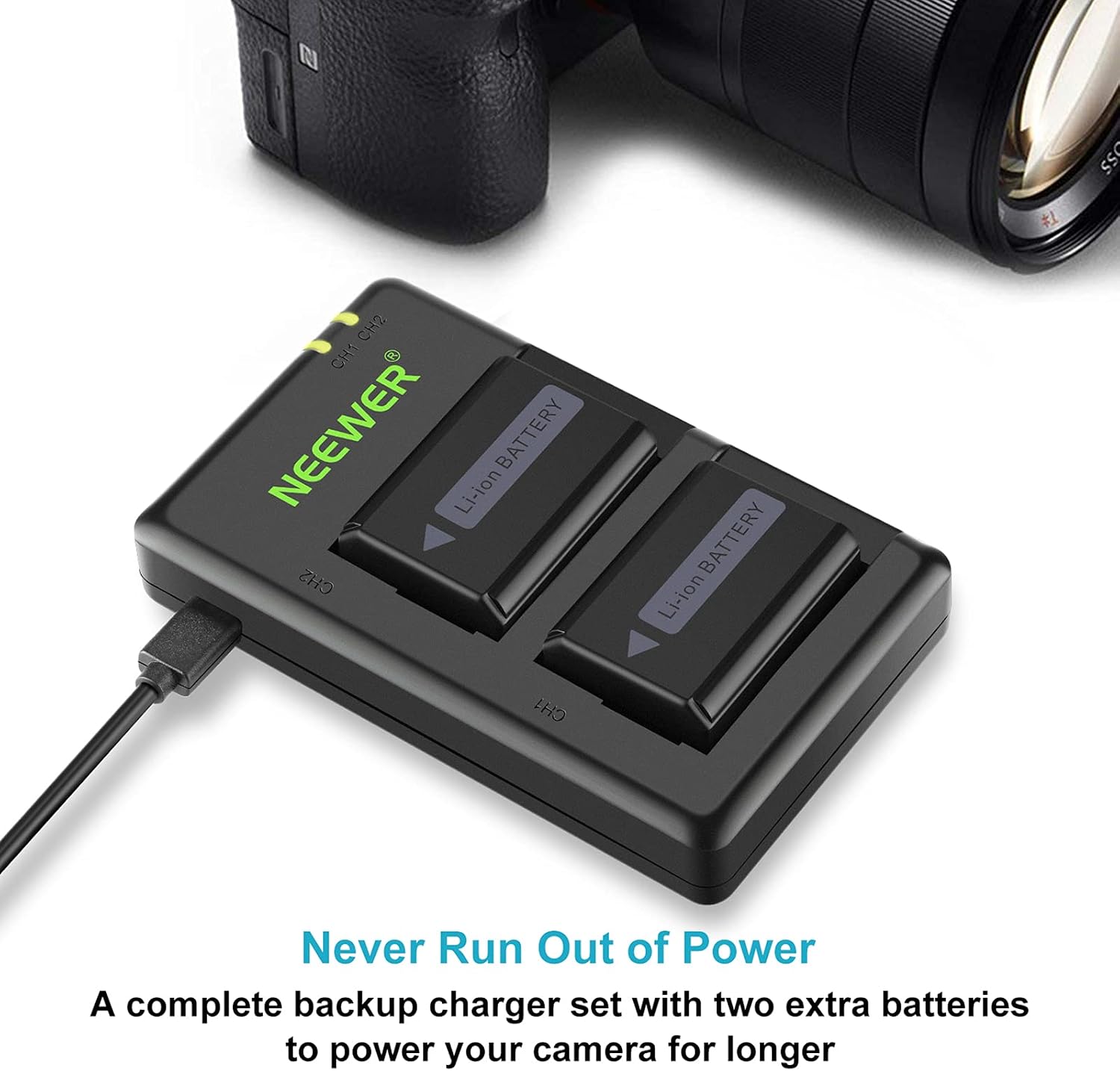 Thumbnail 2 de NEEWER Set batterie di ricambio NP-FW50 (2x 1100mAh) + caricatore USB doppio canale per Sony ZV-E10 e serie A7/A6400