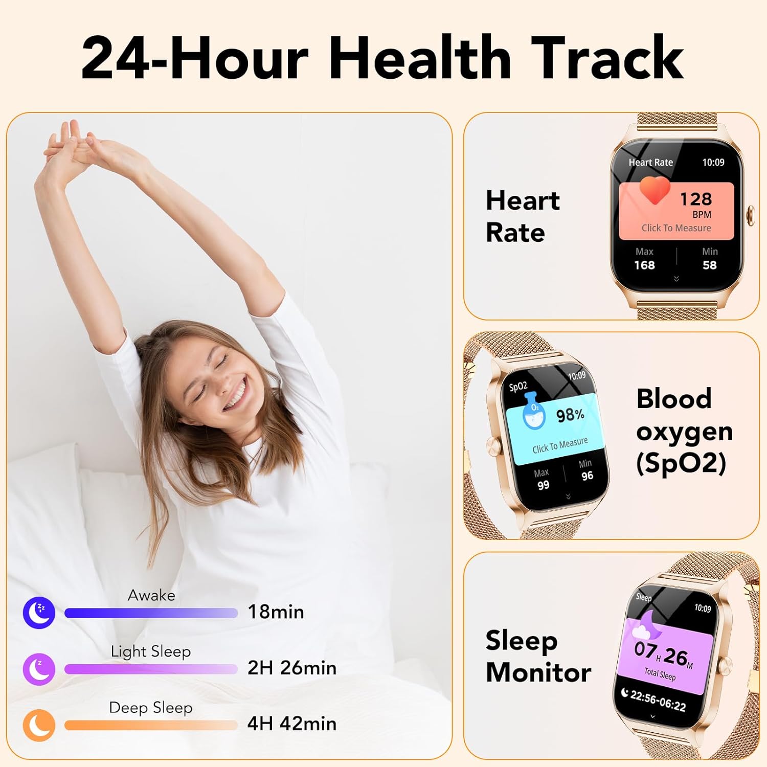 Thumbnail 4 de CASCHO Montre connectée femme 1,85" HD avec appels Bluetooth, fréquence cardiaque, SpO2 et suivi du sommeil (doré)