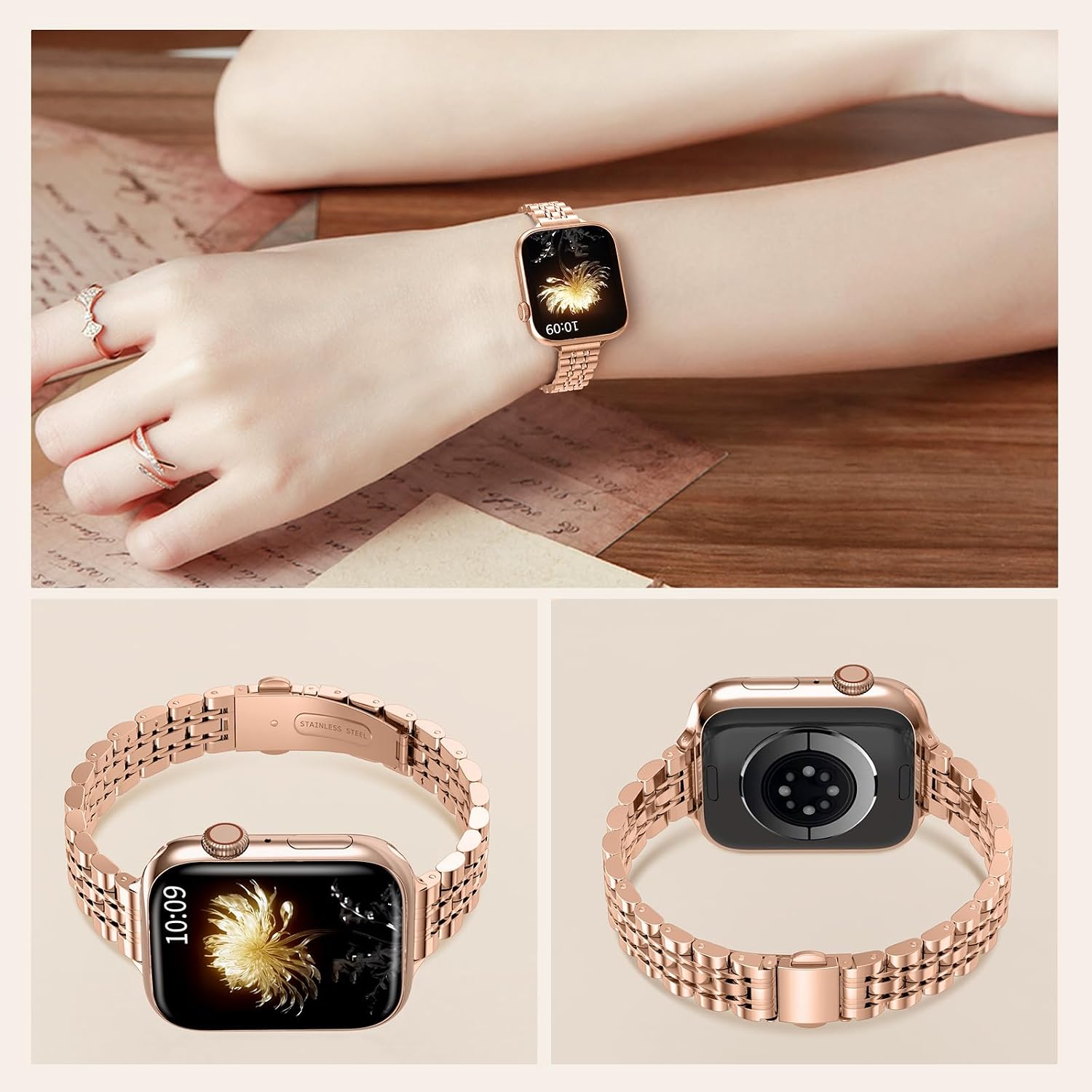 Detalle de TiMOVO Metal Strap for Apple Watch – 46mm/49mm and 42–45mm, Rose Gold, Dressy Band for Women