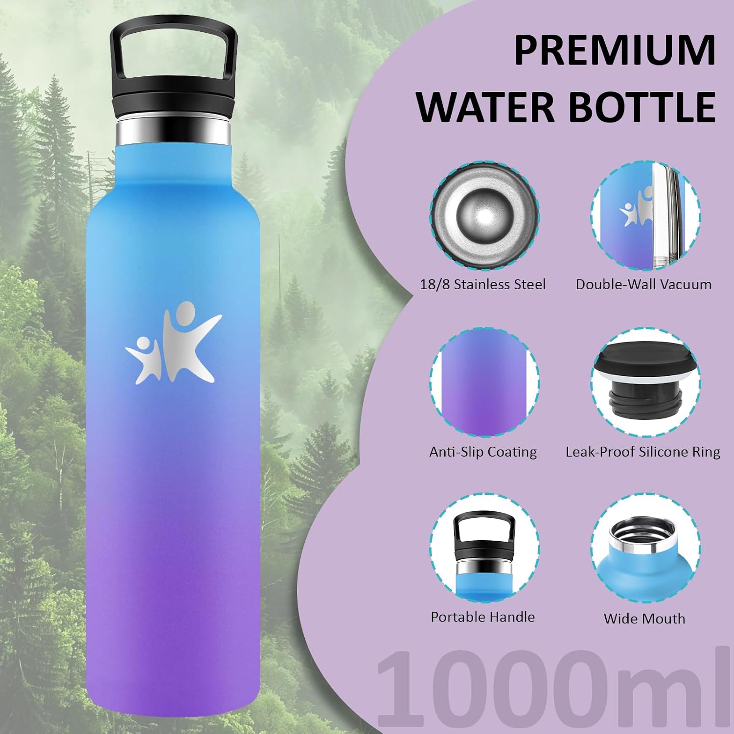 Detalle de Gourde Isotherme 1L en Acier Inoxydable – Sans BPA, Anti-Fuite, Double Isolation avec Paille