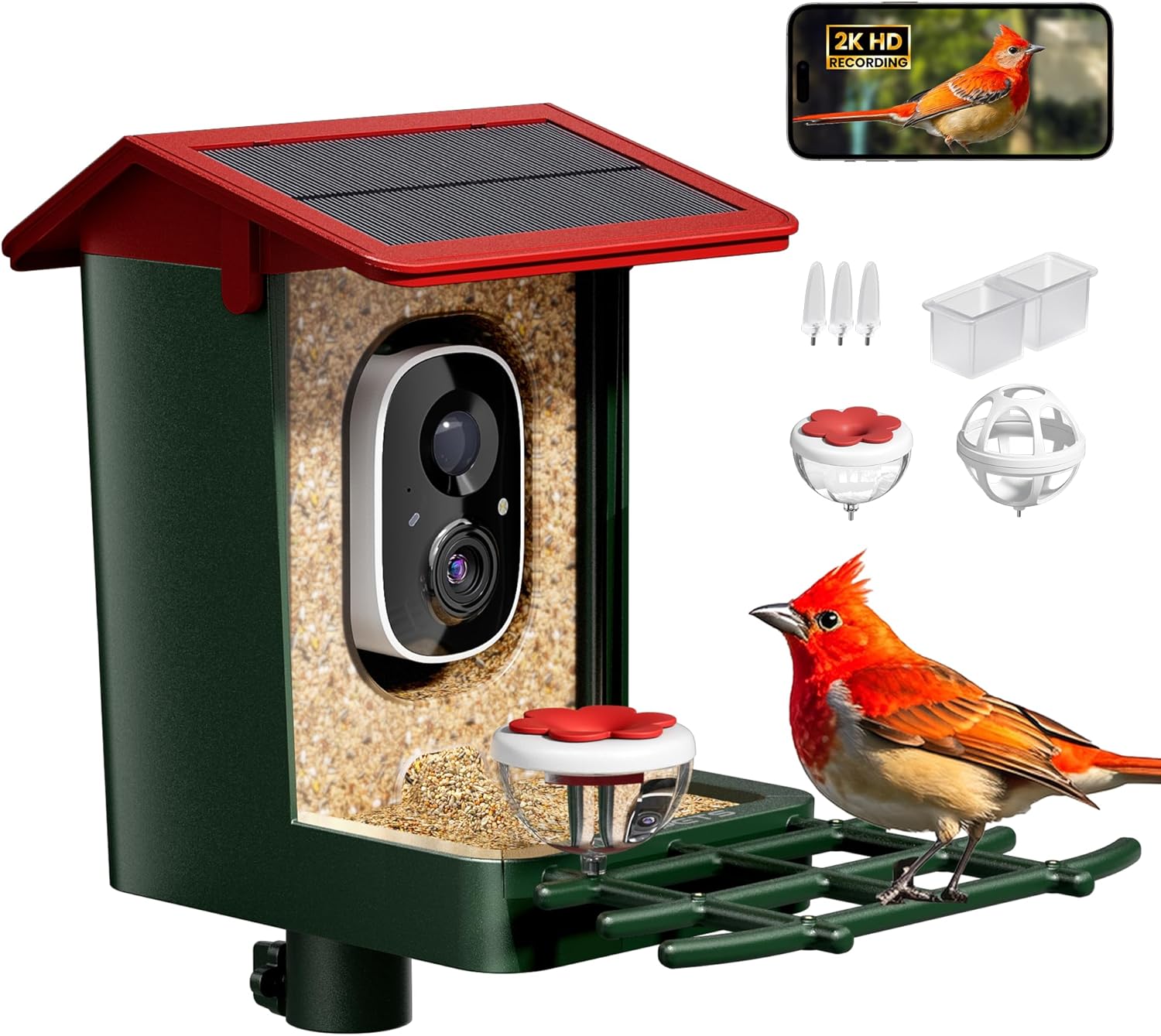 Detalle de Smart Bird Feeder with Camera – Solar Powered, 2K HD Video, AI Bird Identification, Red