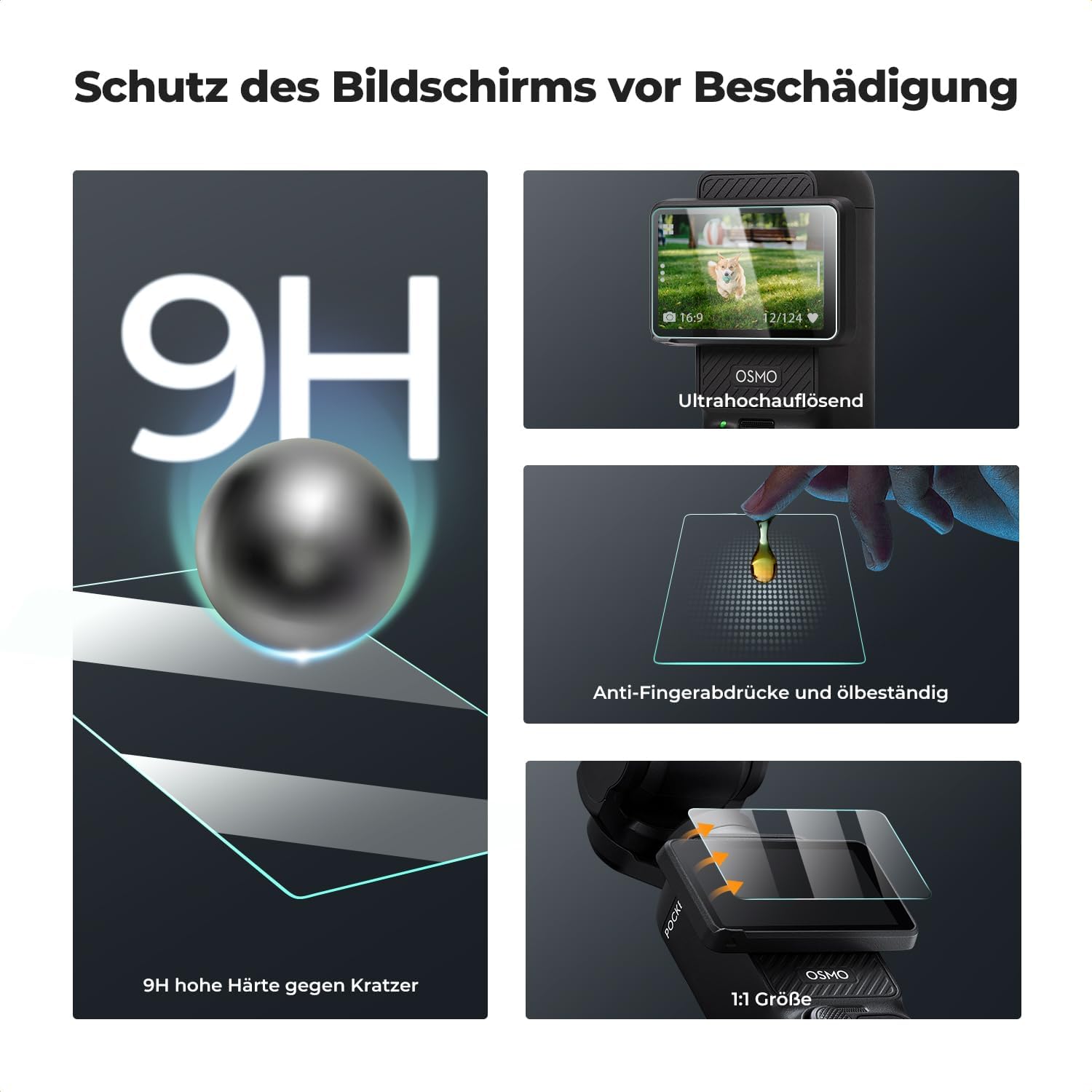 Thumbnail 2 de K&F CONCEPT Schutzfolie für Pocket 3/4: Displayschutz- und Lensschutzfolie (9H) aus Hartglas, blasenfrei, 3er-Set