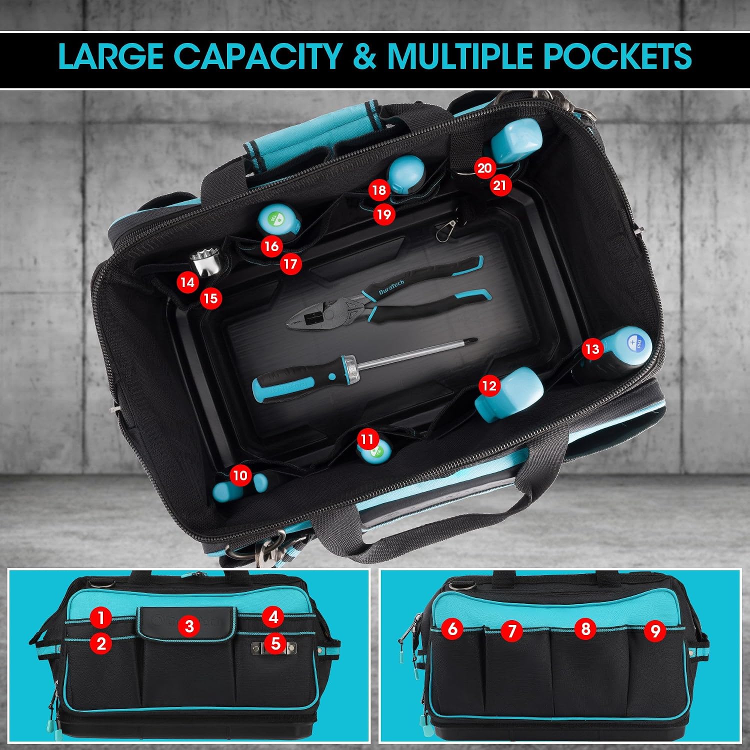 Detalle de DURATECH Sac à Outils 43 cm avec ouverture large et 32 poches en tissu Oxford 840D