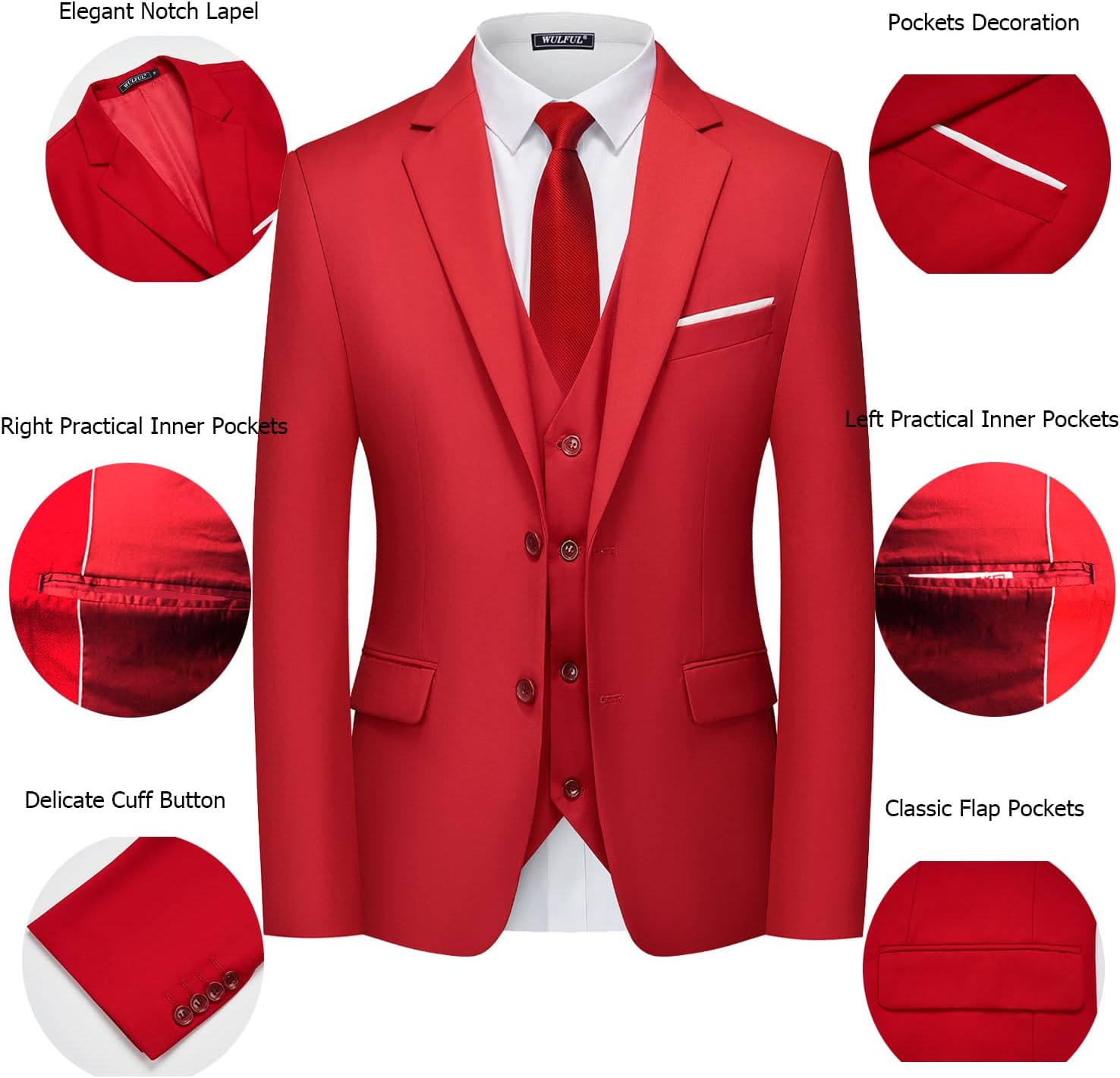 Detalle 2 de WULFUL Men’s 3-Piece Slim Fit Suit Set (Two-Button Blazer, Vest, Pants)