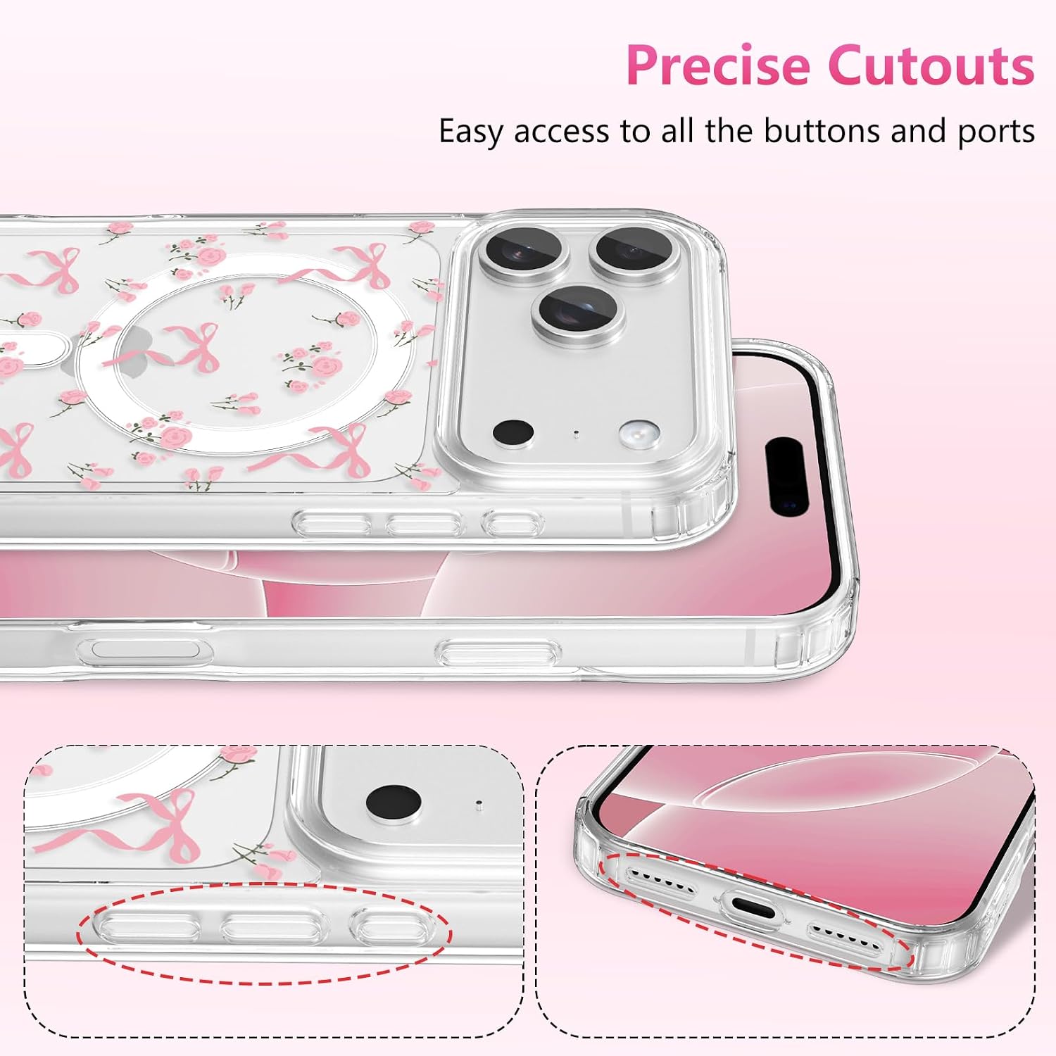 Detalle de ZTOFERA magnetische Handyhülle für iPhone 17 Pro Max (6,9 Zoll) – transparentes TPU mit Schleifen- & Blumenmuster, rosa Blume