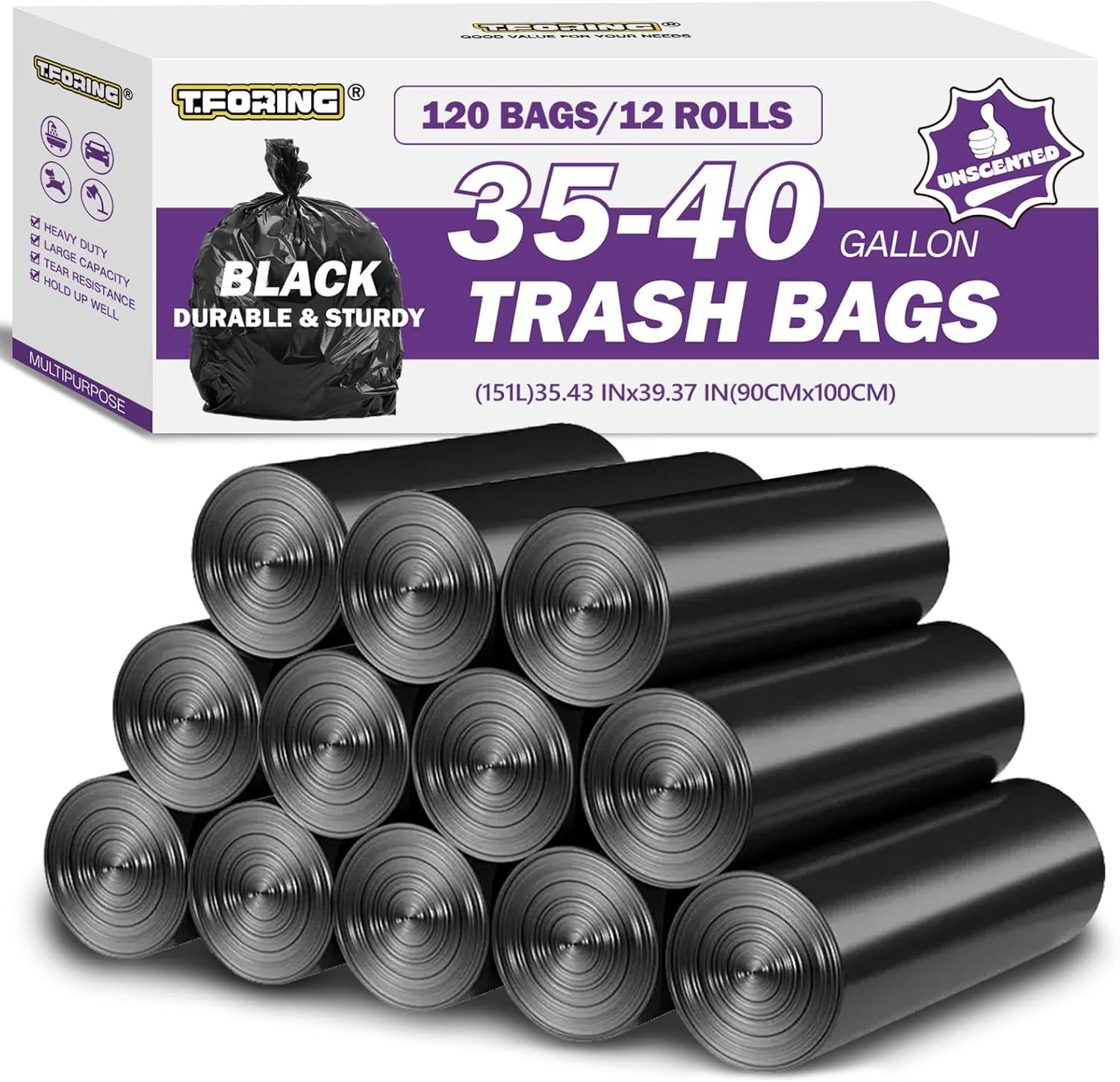 T.FORING 35–40 Gallon Trash Bags, 35" x 40", Black, Unscented, 120 Count