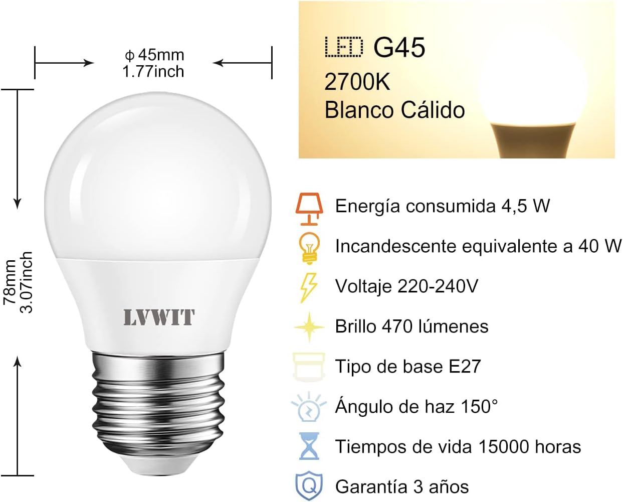Thumbnail 2 de LVWIT Bombillas LED E27 G45 Pack de 6 💡 4.5W 2700K