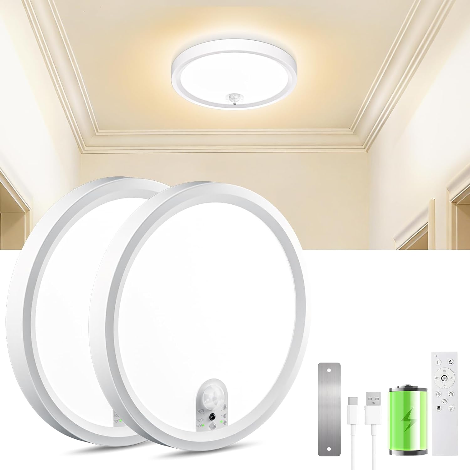 Detalle de Akku Deckenlampe mit Bewegungsmelder Innen (6000 mAh) – dimmbar, 3 Modi & Fernbedienung, ohne Stromanschluss