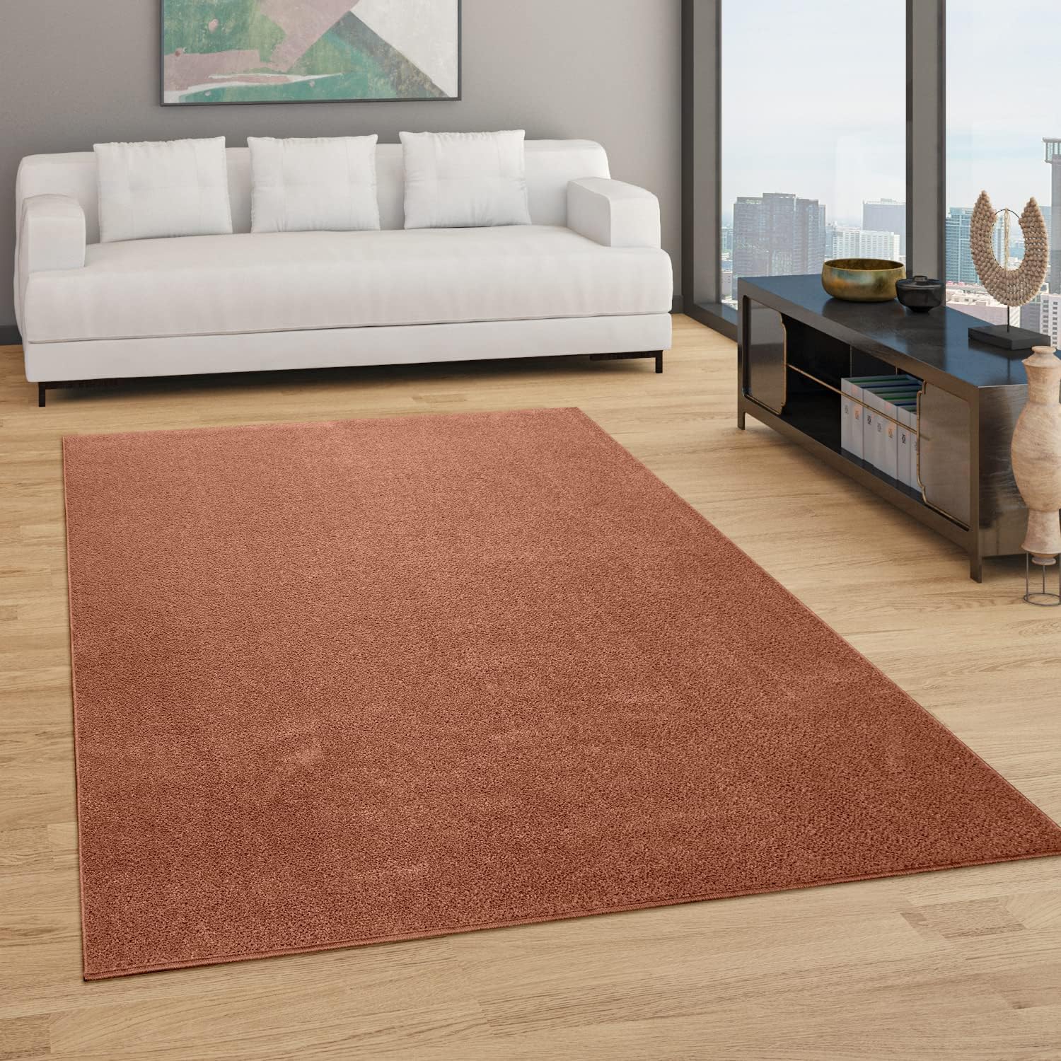 Thumbnail 1 de Paco Home tapis de salon uni moderne à poils ras 200x280 cm couleur cuivre