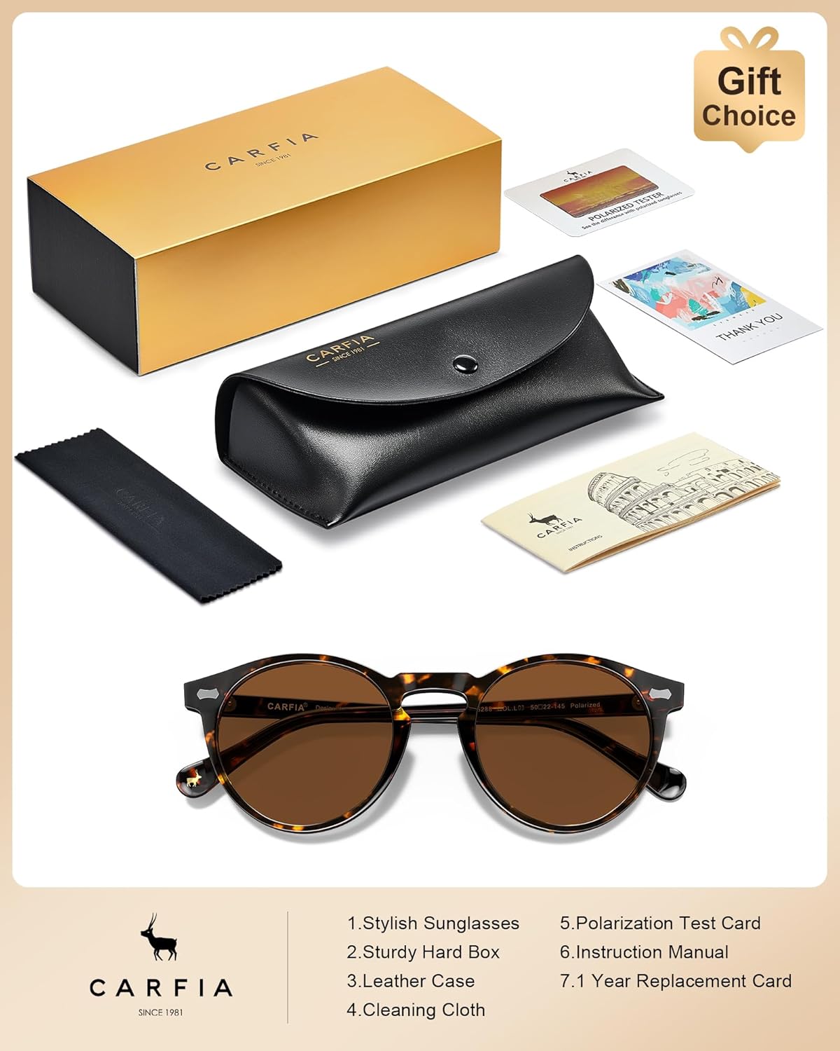 Detalle de CARFIA Men’s Round Polarised Vintage Sunglasses with UV400 Protection (for driving & travel)