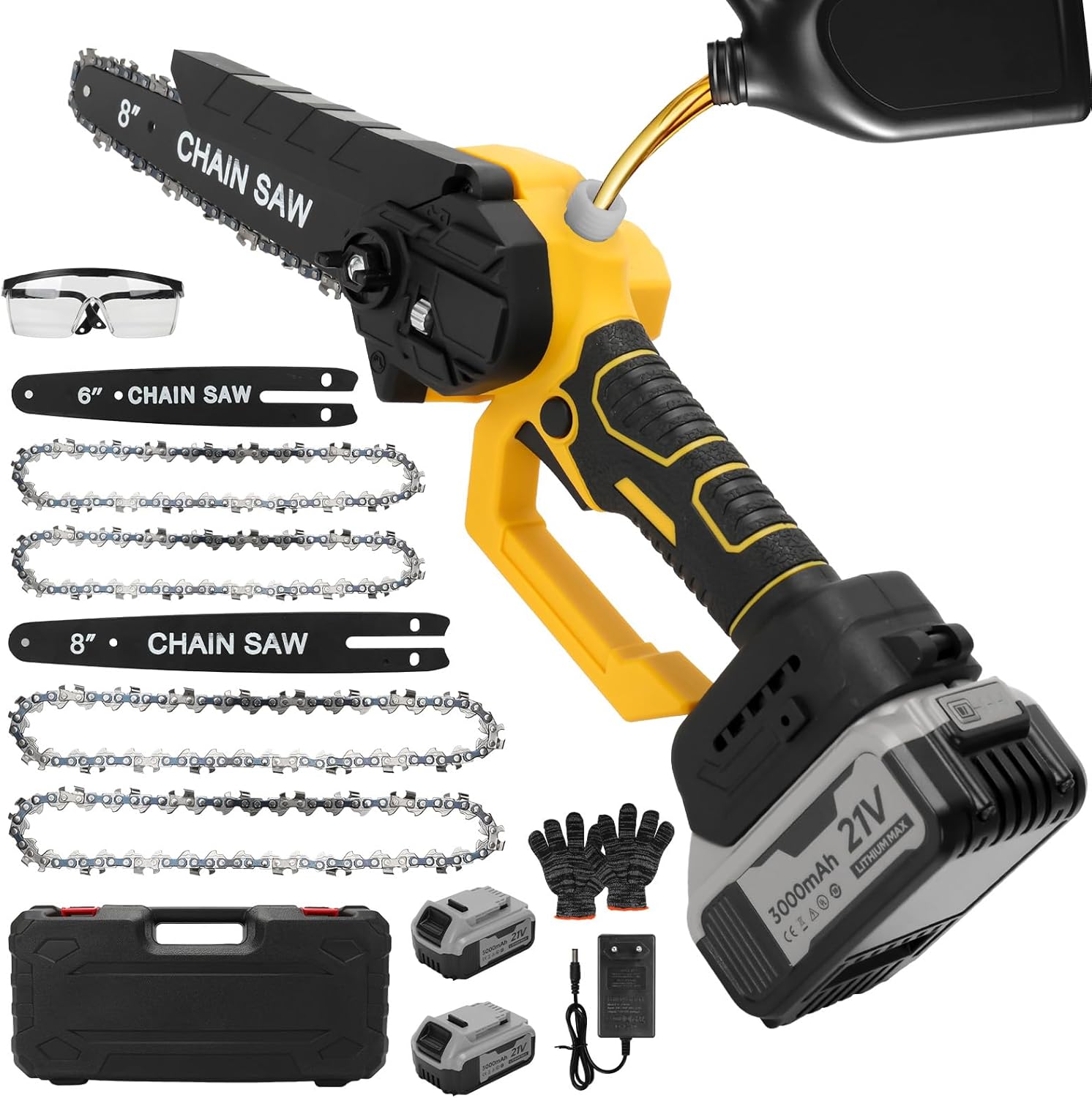 panthem 6 Zoll & 8 Zoll Minikettensäge mit 2×3 Ah Akkus – Bürstenlos, Auto-Öler, Ersatzkette, kompatibel mit DeWalt 20V