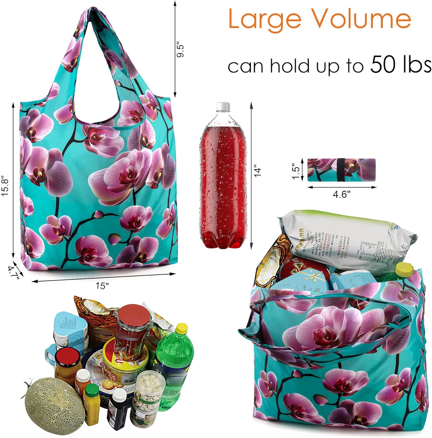 Thumbnail 2 de BeeGreen 10 Pack Washable Floral Grocery Bags – Extra Large 50 LBS Reusable Tote