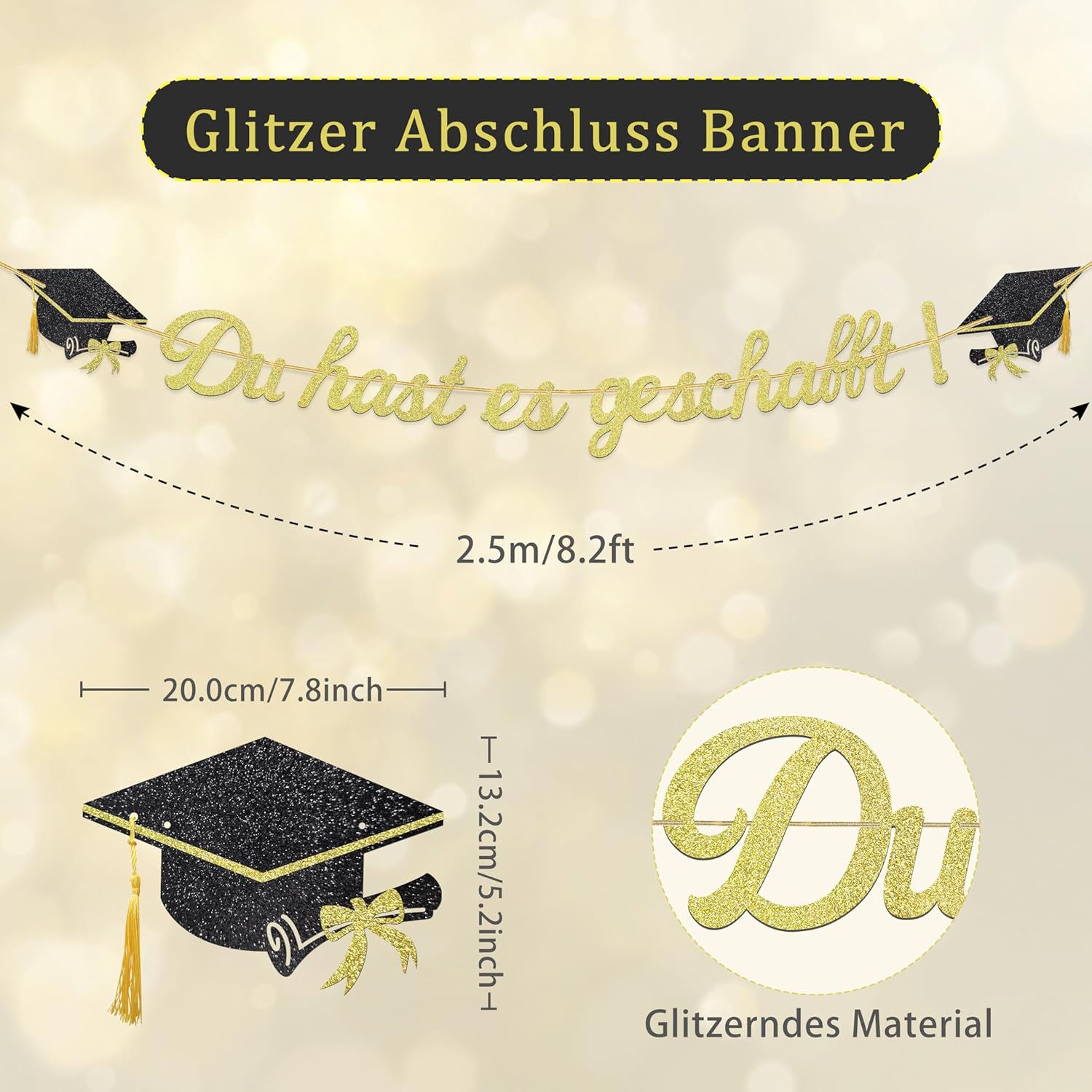 Detalle de Glitzer 2026 Graduation Deko Girlande – Du hast es geschafft Banner (2,5 m) in Gold