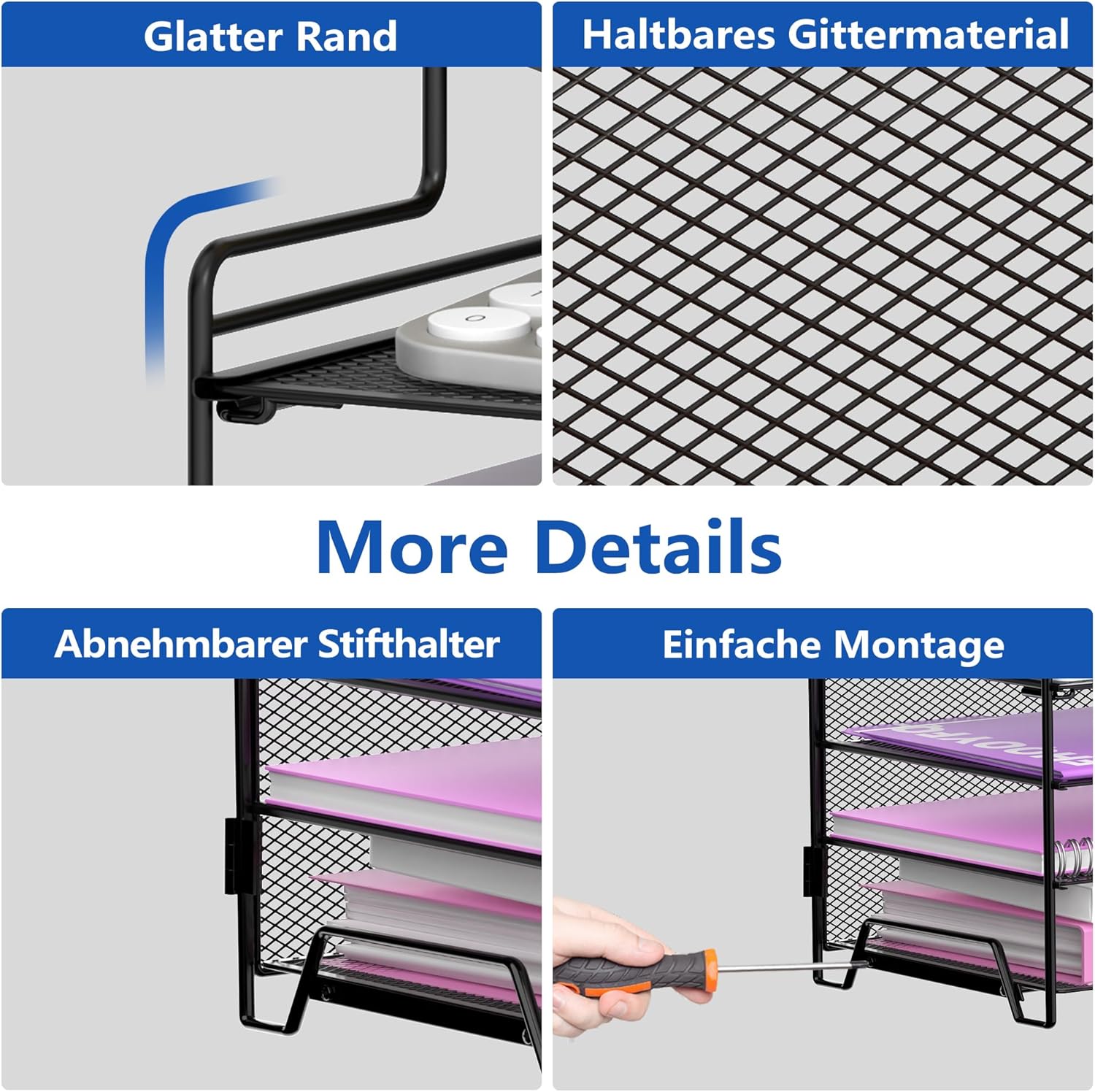 Detalle 2 de ReePlan Schreibtisch Organizer 7 Ebenen – Metallbriefablage mit 4 Flachen & 3 geneigten Ablagen (Stifthalter abnehmbar) – Platzsparender Büroorganizer