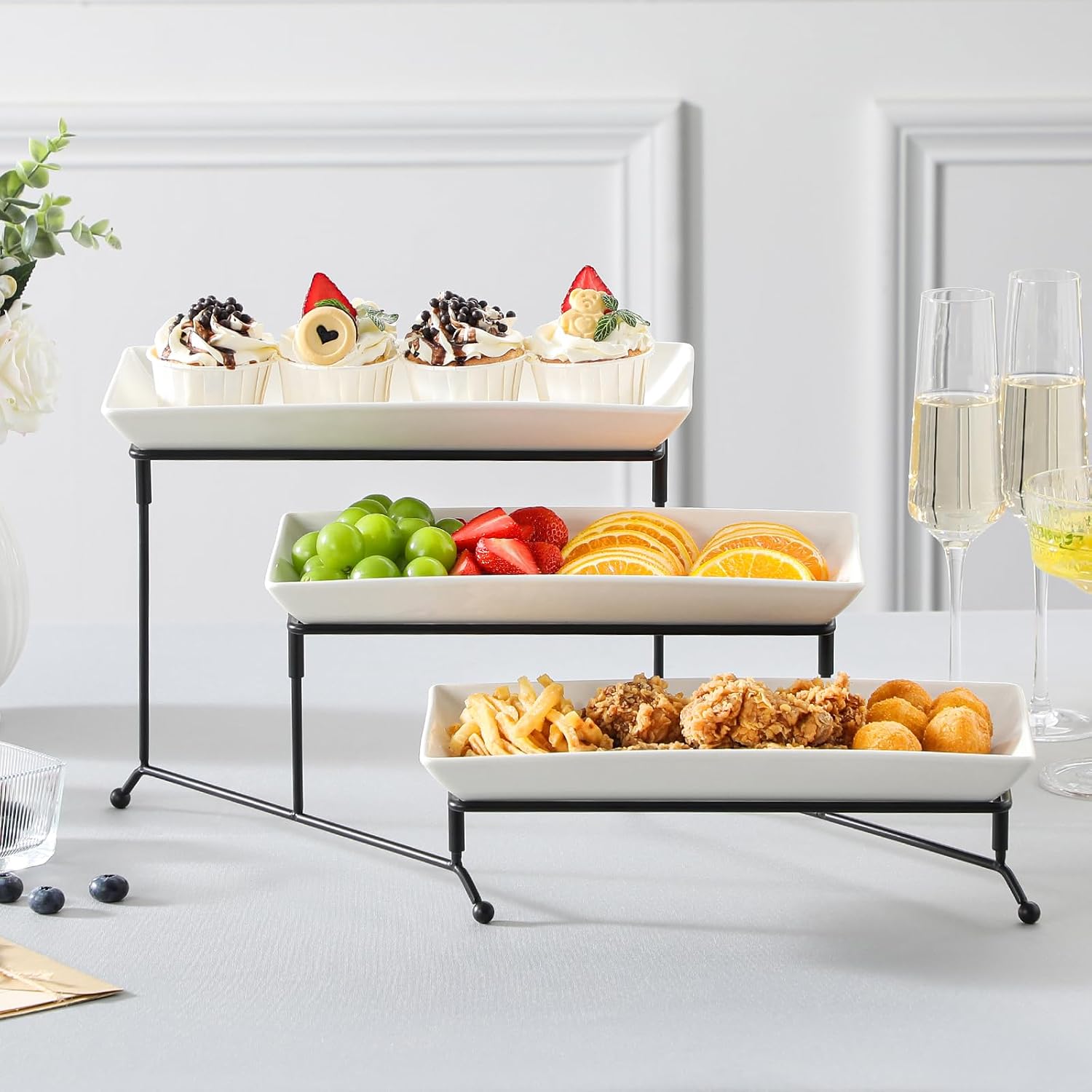 Thumbnail 6 de MALACASA 3-Tier Porcelain Serving Stand with Collapsible Metal Rack, 12-Inch Tray