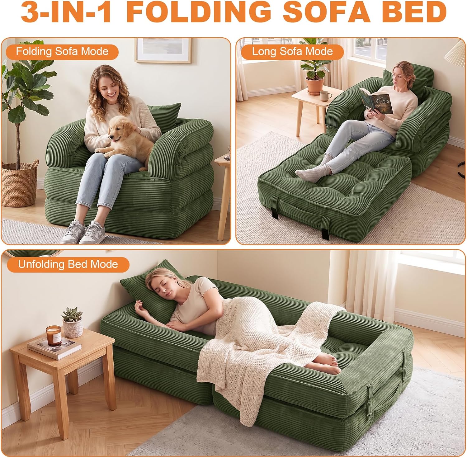 Detalle 1 de CUBIOU Y8022-Dark Green Convertible Sofa Bed, Corduroy 3-in-1 Floor Chair