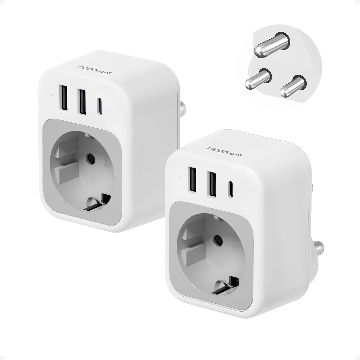 Detalle de TESSAN 2 Pack Adattatore Sudafrica e Namibia: 4 in 1 con USB-C e USB-A, Spina Tipo M, 2500 W