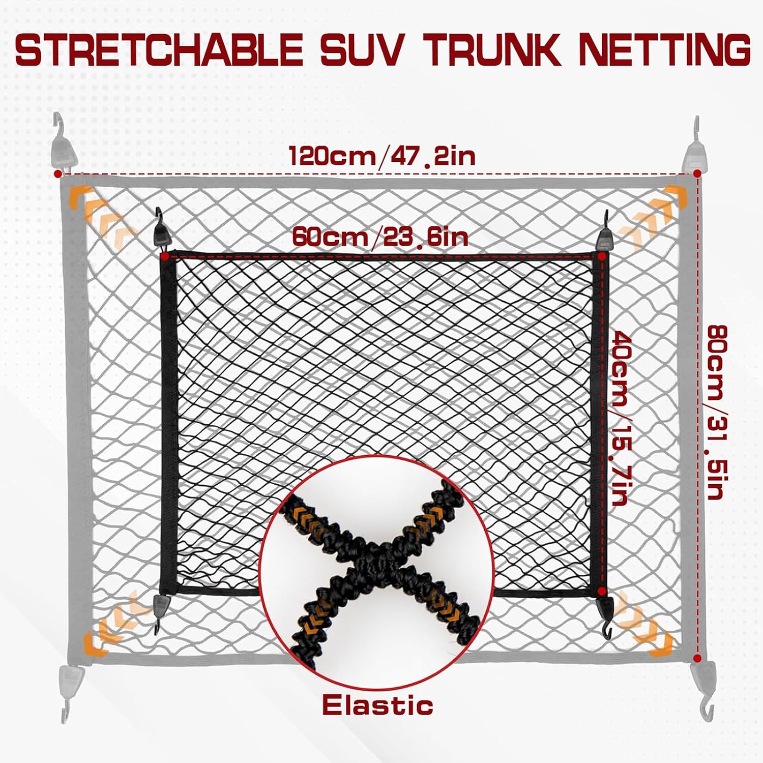 Detalle 2 de Rete Carico Bagagliaio Auto Elasticata 60×40 cm Espandibile 120×80 cm con 4 Ganci – Organizer Universale per Auto/Truck/SUV