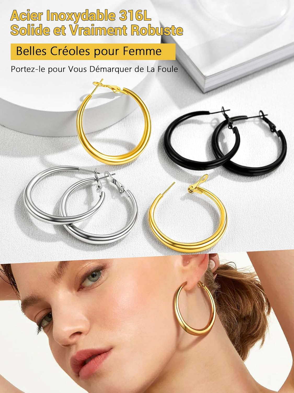 Thumbnail 6 de PROSTEEL Créoles femme en acier inoxydable 316L 40 mm / 60 mm / 80 mm avec finition noire
