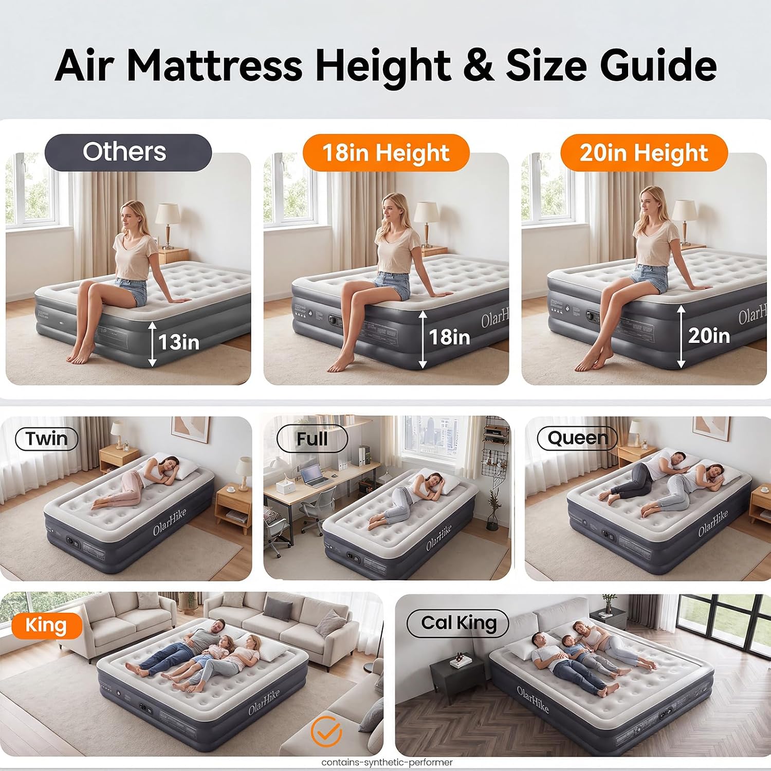 Detalle de OlarHike AMH3 King Air Mattress, 20-Inch with Built-In Pump, 850-lb Capacity