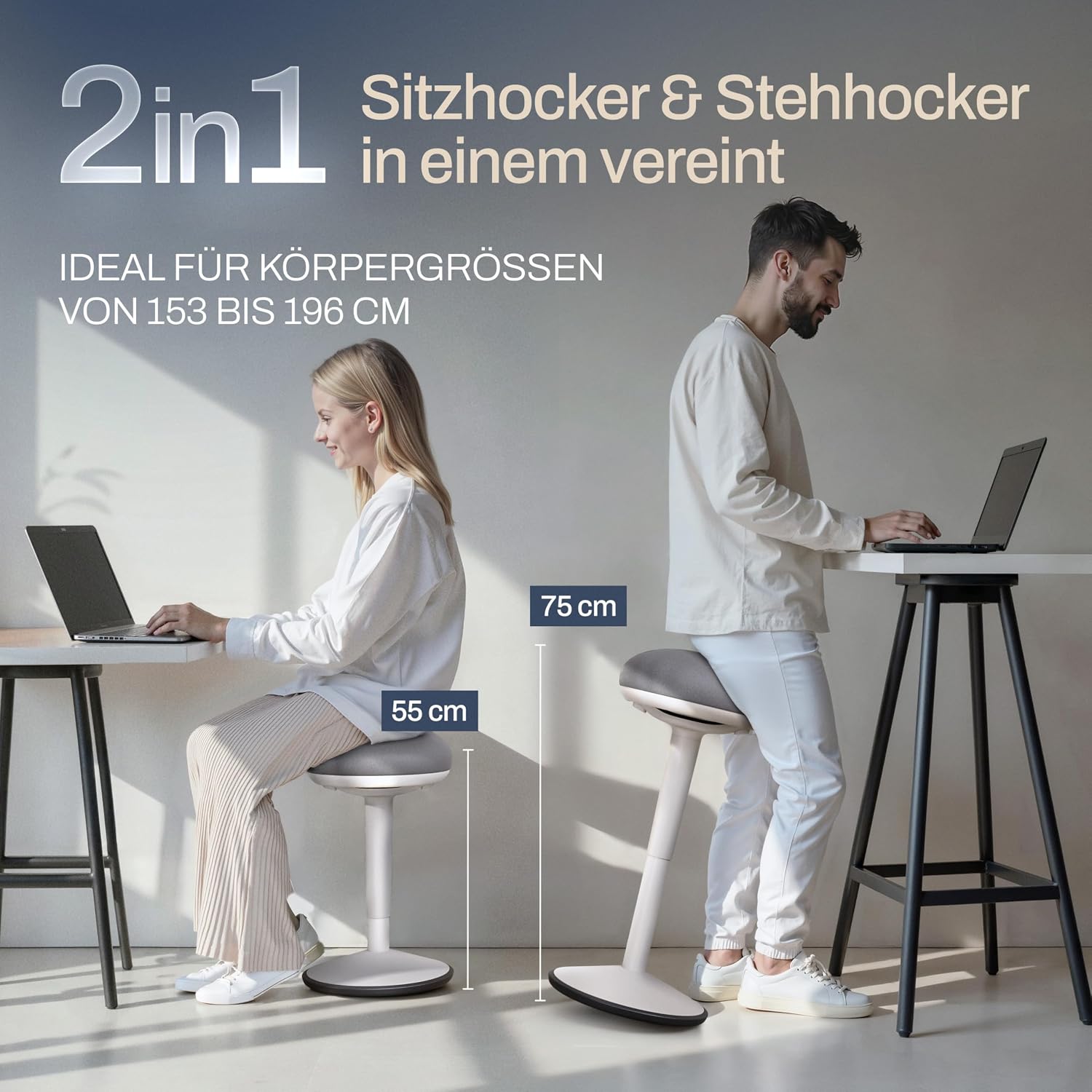 Detalle 2 de Wohnperle ergonomischer Bürohocker 2in1 (Sitzhocker & Stehhocker), höhenverstellbar – zertifiziert