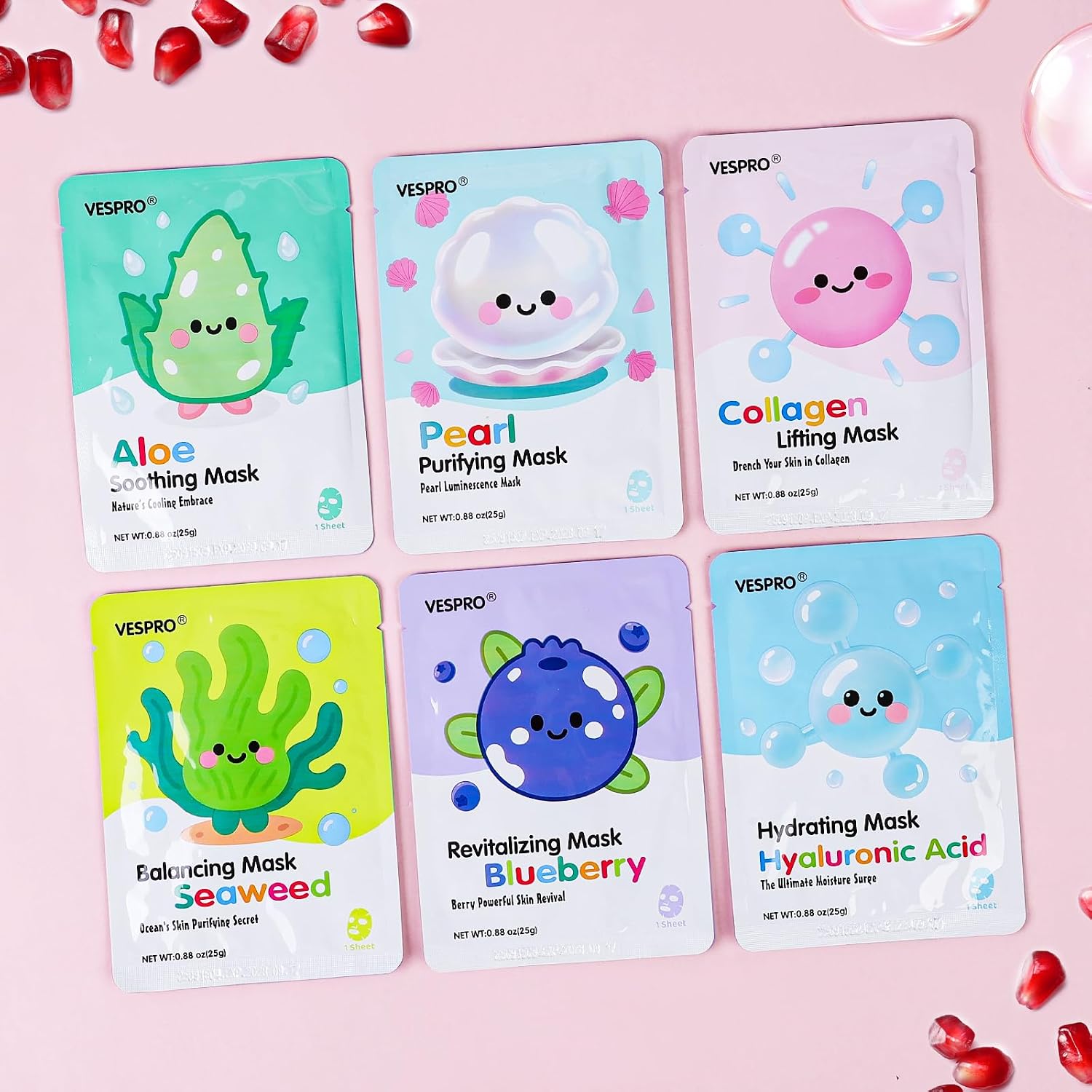 Detalle de 12 Pack Face Masks for Women Hydrating & Moisturizing Facial Mask Set (Collagen, Pomegranate, Rose & More)