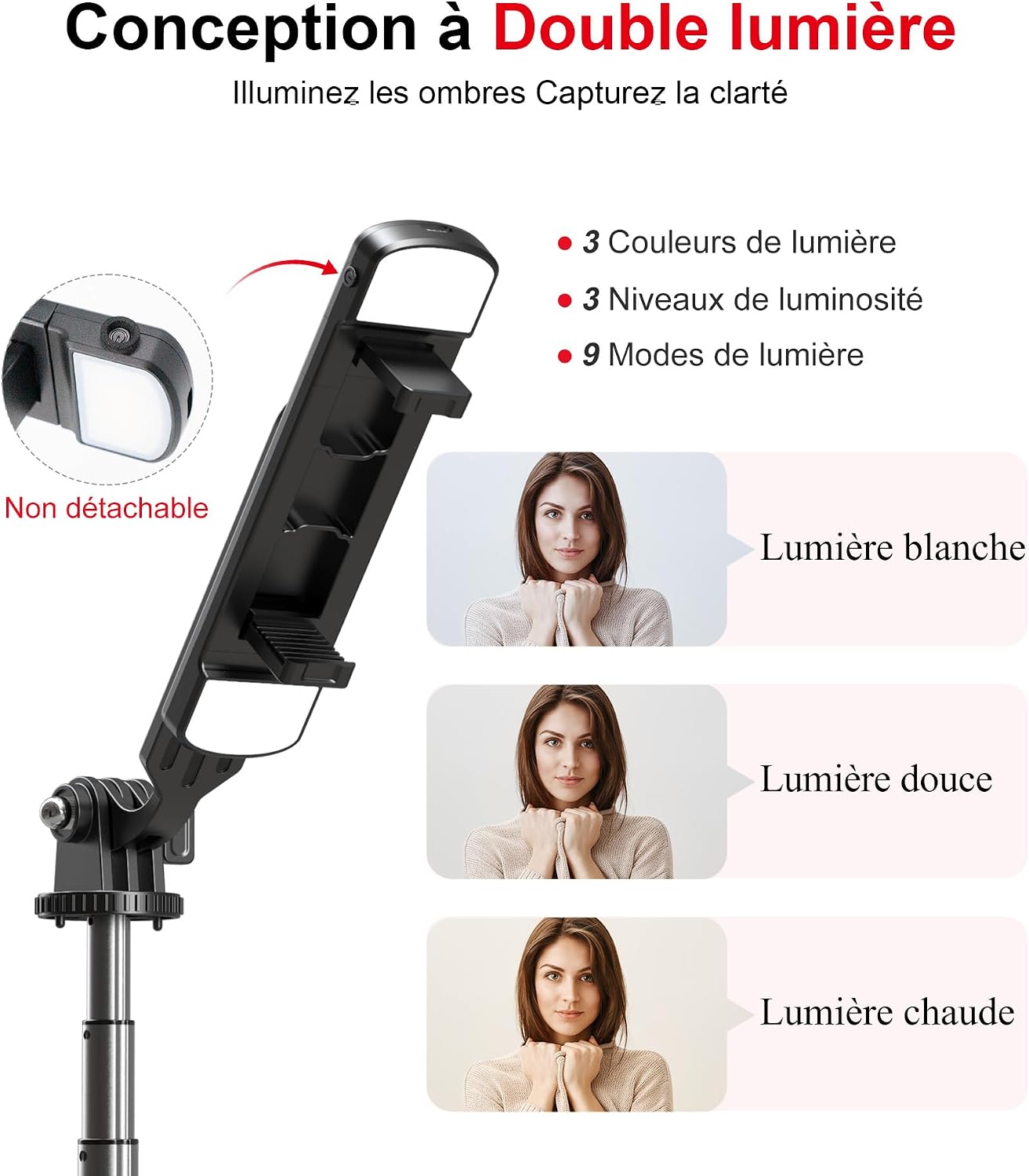 Detalle de Perche à Selfie Trépied ASHINER – 180 cm, télécommande et LED pour vos vlogs et photos