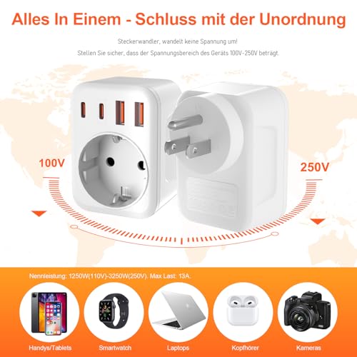 Detalle de Denlane 2er Pack USA Adapter Steckdose – 5-in-1 Typ B (EU auf US Reiseadapter)