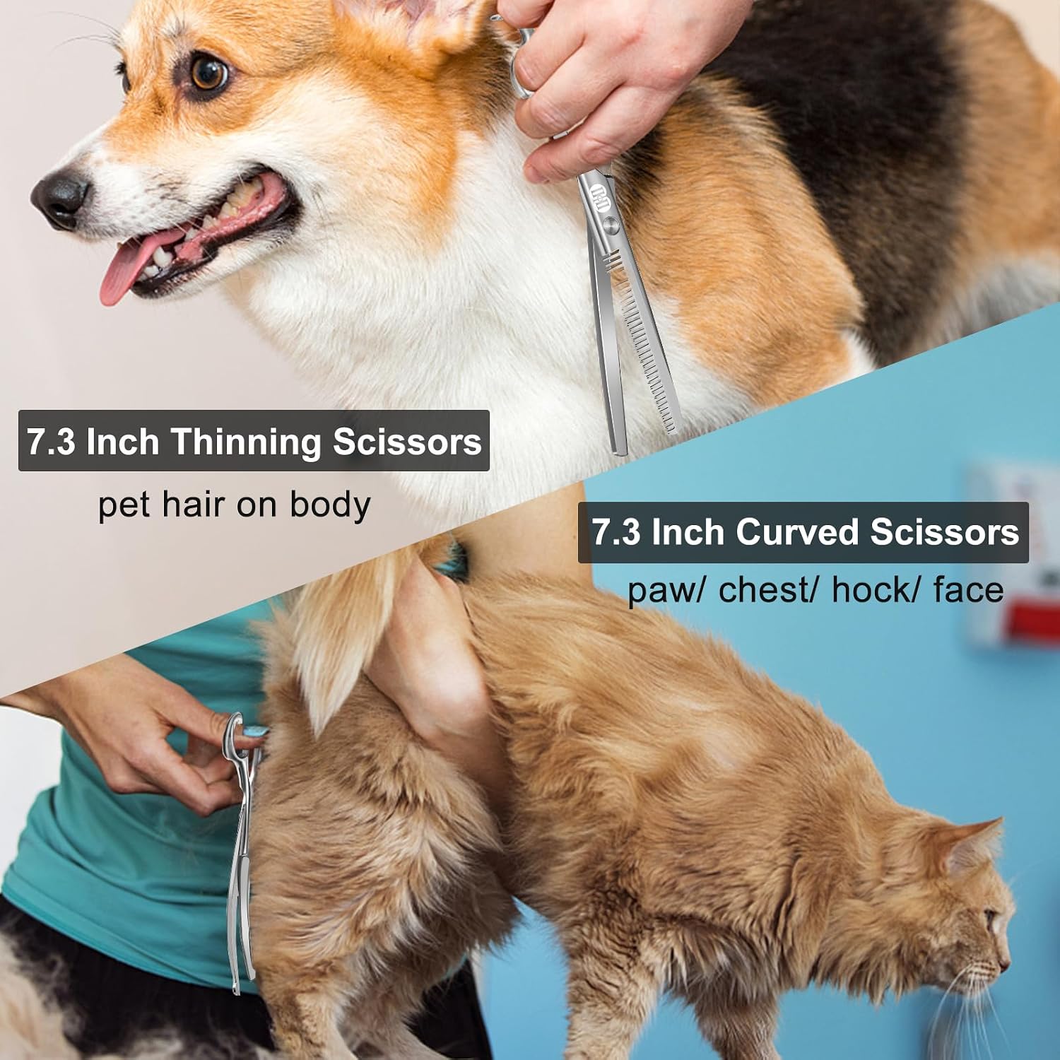Detalle 2 de CIICII Hundeschere-Set (7 Zoll) mit runder Sicherheitsspitze – Profi Fellscheren & Effilier-Set für Hund & Katze