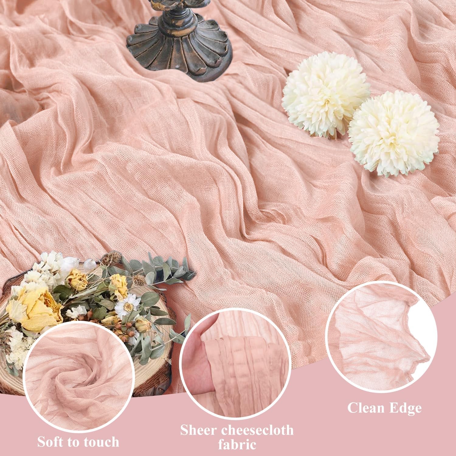 Detalle de Asee'm 4pc Dusty Pink Cheesecloth Table Runner Set — 120-Inch Boho Rustic 10ft Runways for Weddings & Events