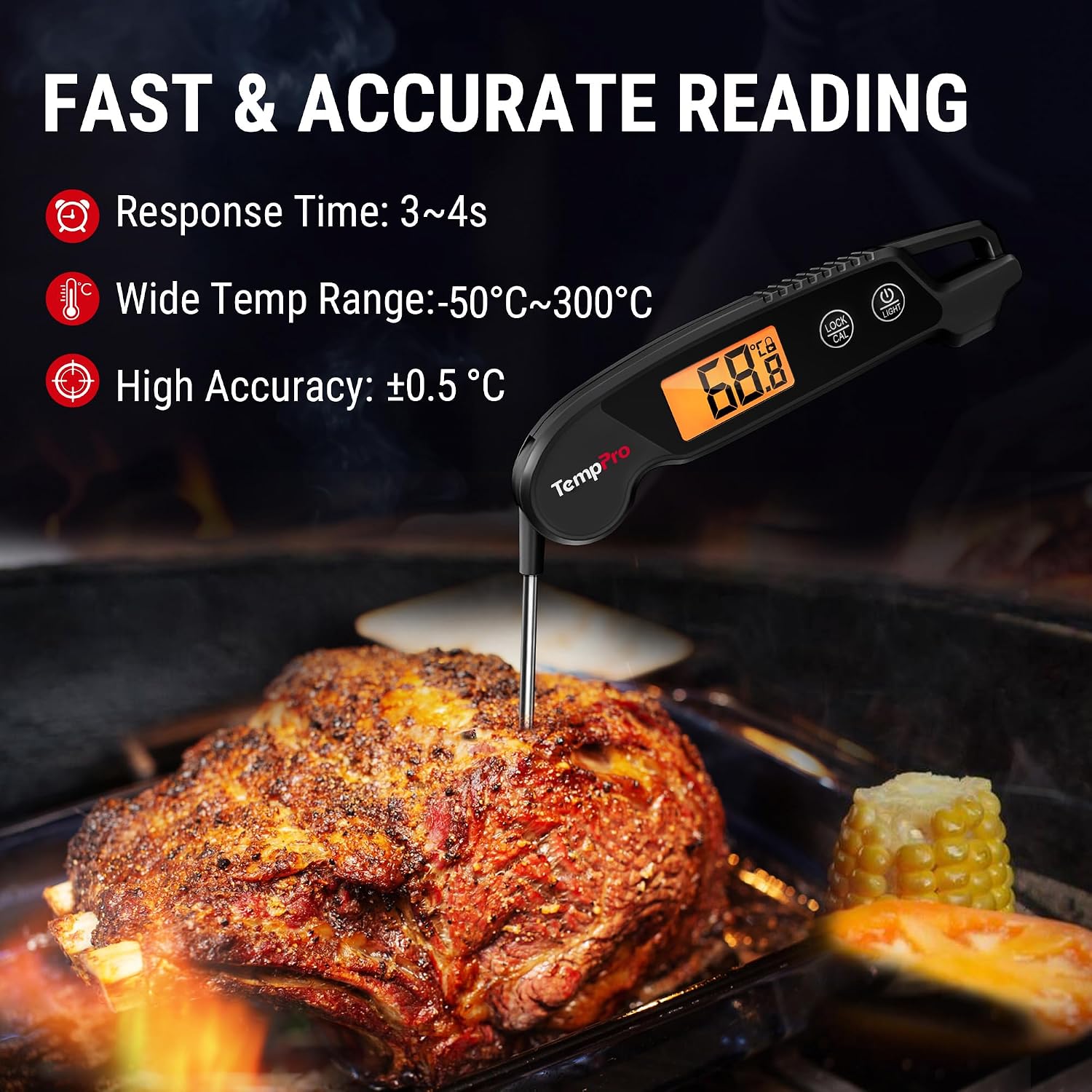 Detalle de ThermoPro TP603B digitales Fleischthermometer für Grill & Küche mit faltbarer Sonde, wasserdicht (IPX6)