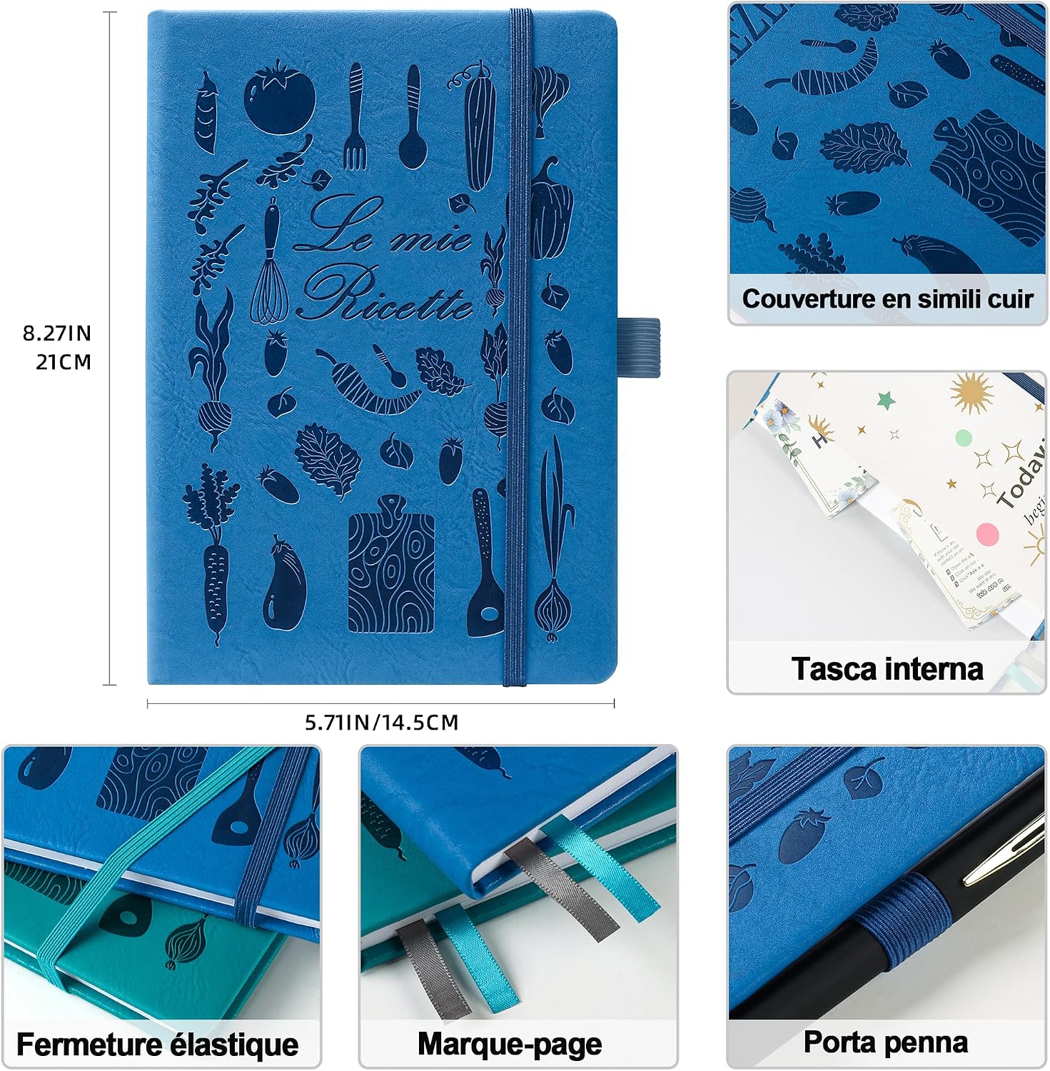 Detalle 2 de HwxBen Ricettario Vuoto da Compilare con Indice e Sezioni – Copertina Blu, 14,5x21 cm, 240 Pagine