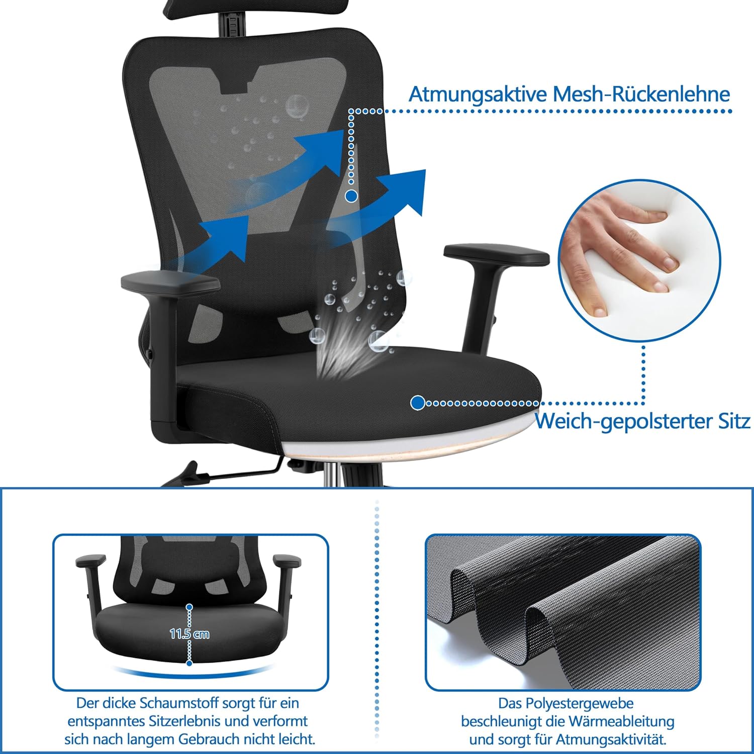 Thumbnail 6 de Yaheetech Bürostuhl ergonomisch mit verstellbarer Kopfstütze, Armlehnen und 90°–130° Neigung