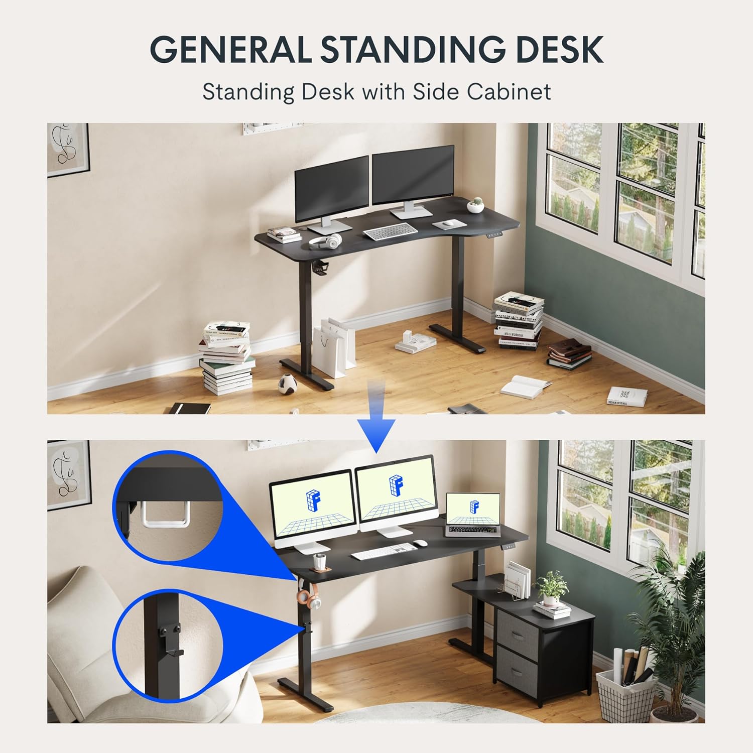 Detalle de FLEXISPOT Bureau Assis Debout en L avec Tiroirs – Réglage mémoire et plateau ergonomique