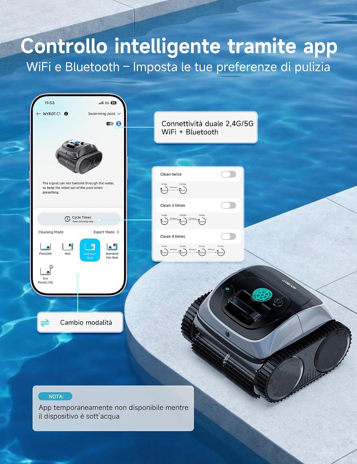 Detalle de WYBOT C1-P: Robot piscina senza fili 4-in-1 per piscine fuori terra, NAV+ App, 155 m²