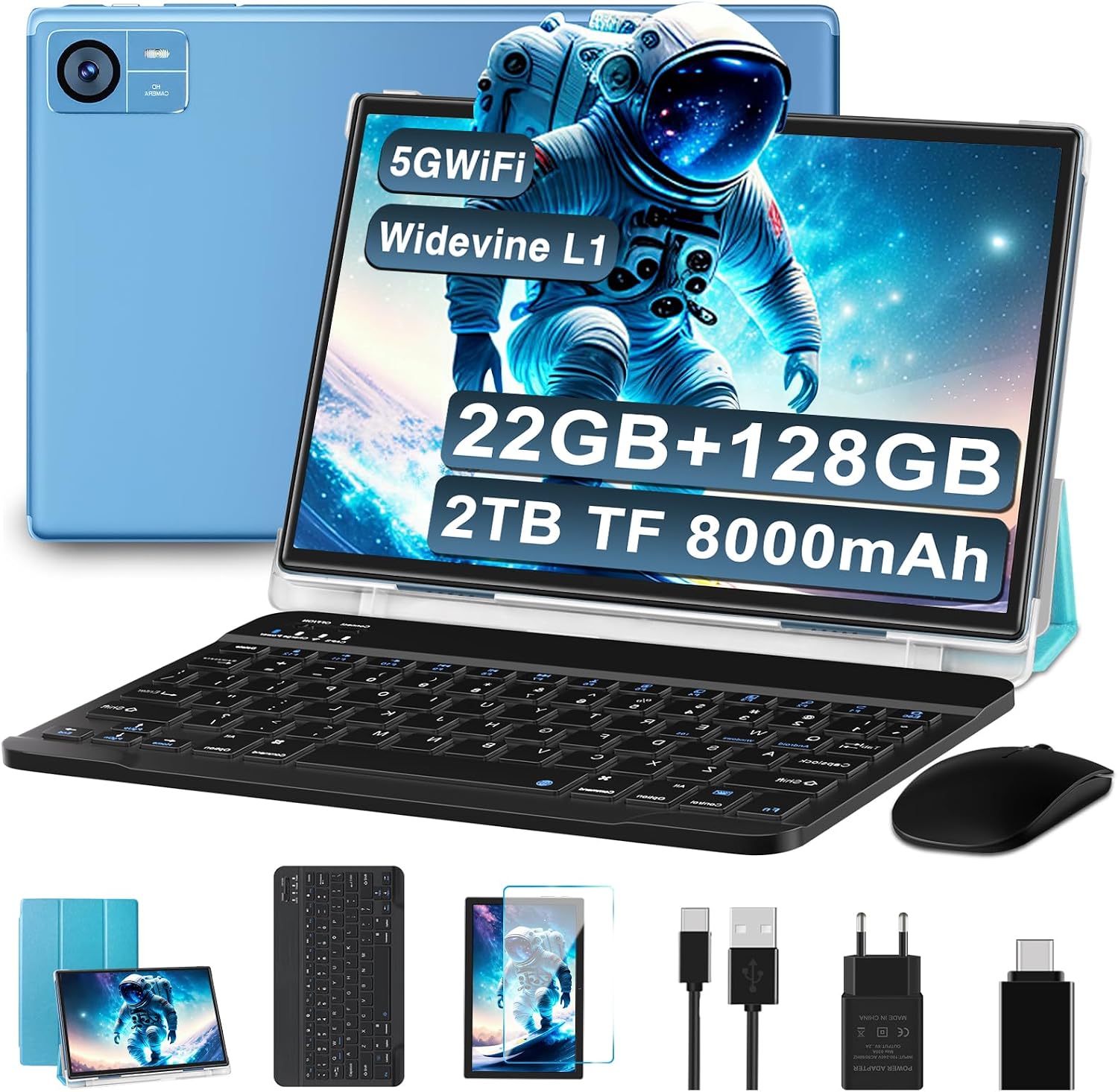 Detalle de SUAAT Tablet Android Octa Core da 10 pollici con 22 GB RAM, 128 GB ROM, 5G WiFi, FHD, Tastiera, Mouse e Custodia
