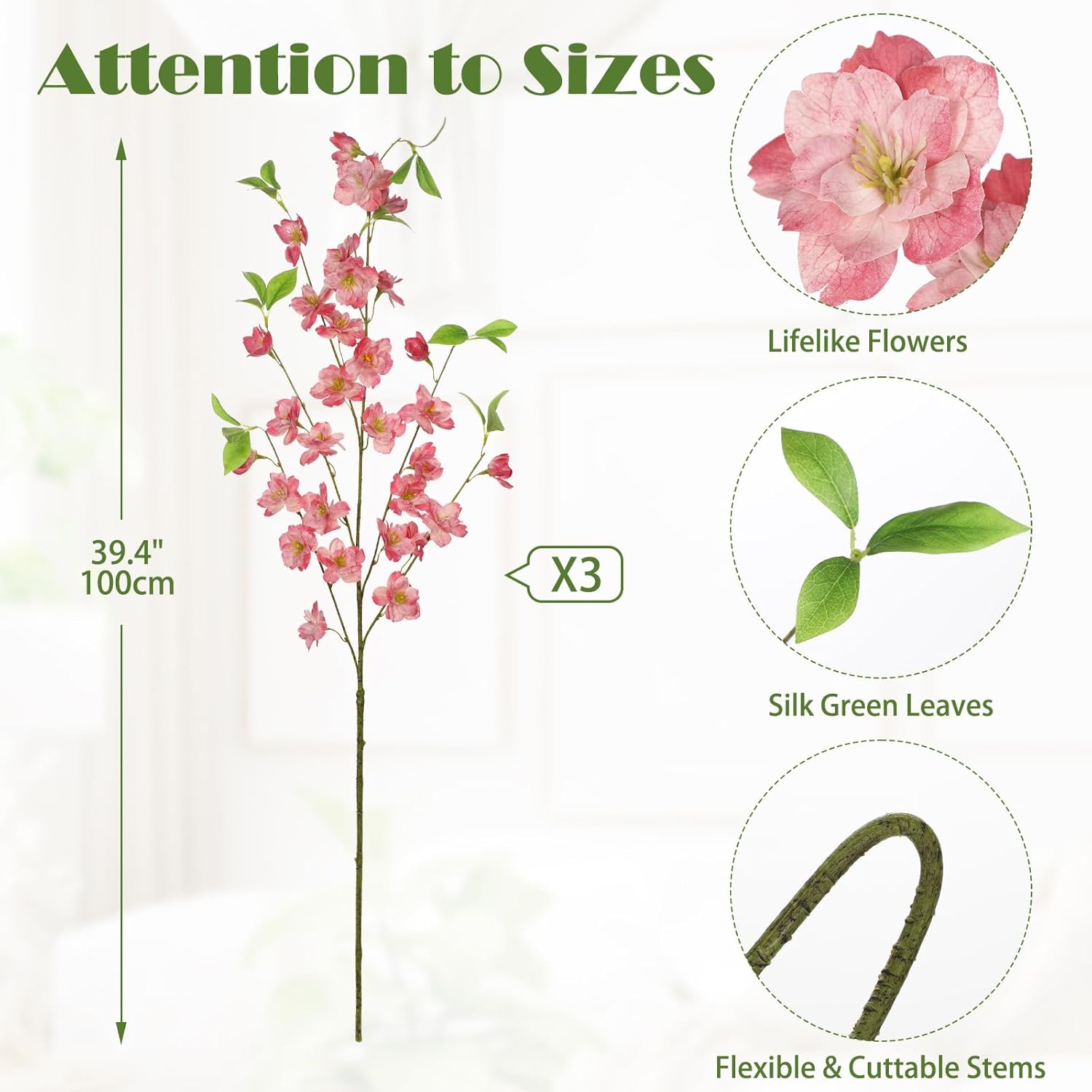 Thumbnail 1 de Oairse 3 Pink Cherry Blossom Branches (39.4in) silk-style artificial flowers for vase arrangements