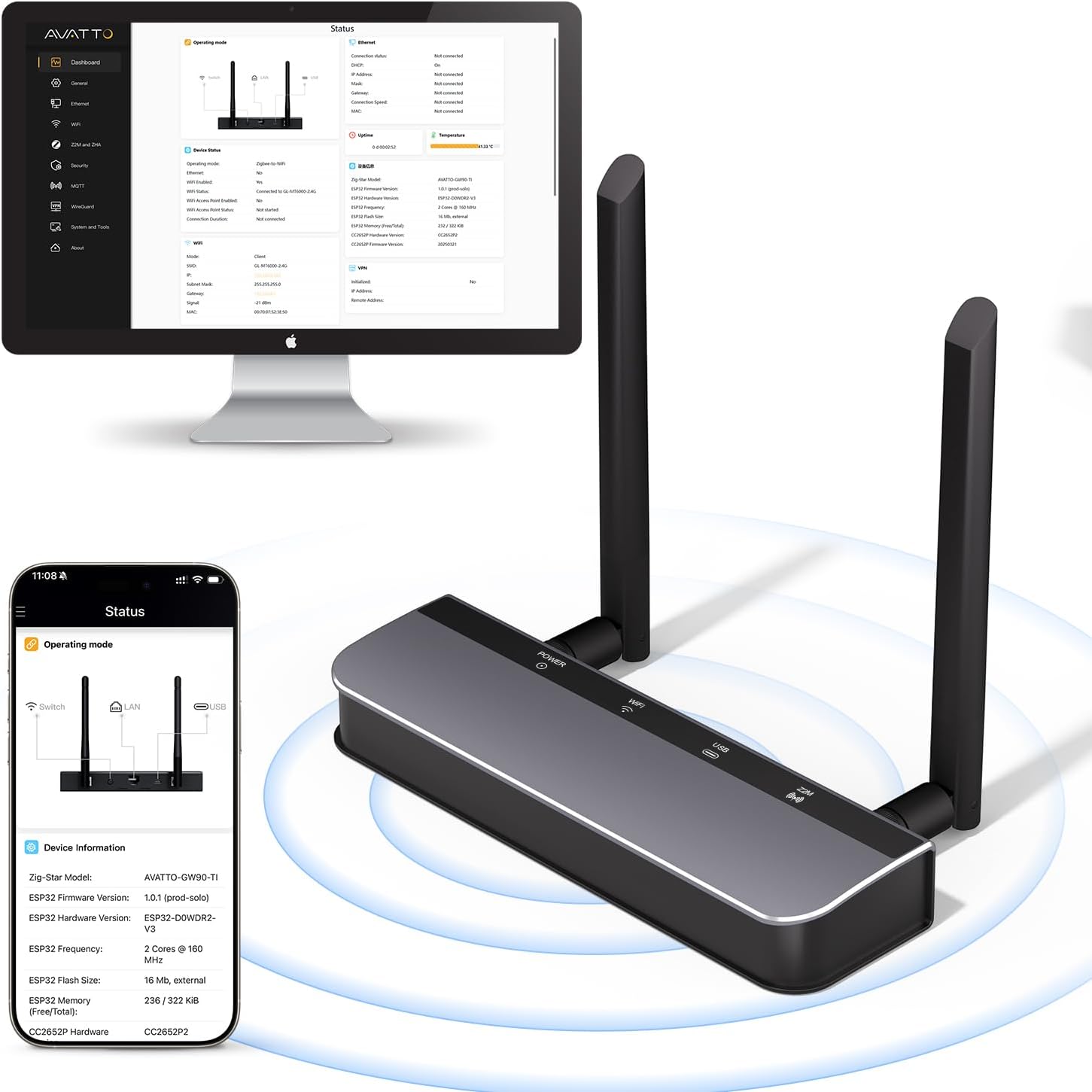 Detalle de AVATTO Zigbee 3.0 PoE Dongle Gateway für Home Assistant & Zigbee2MQTT – Wi‑Fi, USB, Ethernet, PoE oder USB‑C