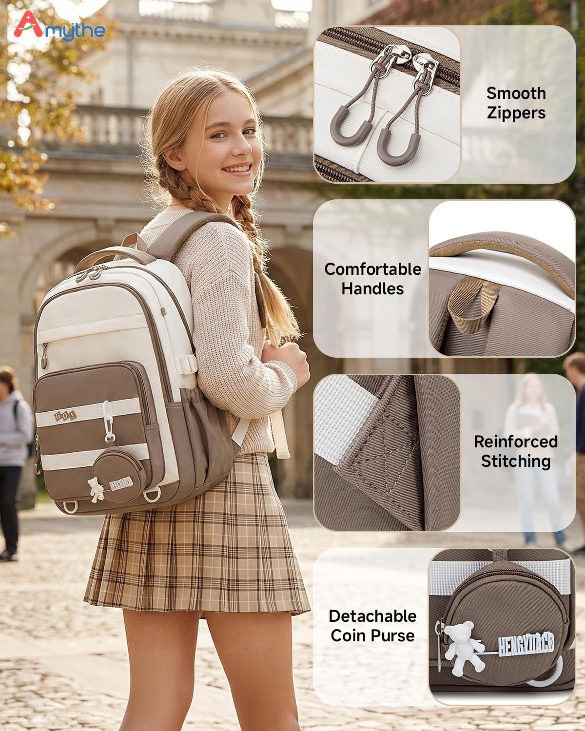 Detalle 2 de Amythe Sac à Dos Filles Primaire et Collège – Cartable imperméable 15,6", 25 L, Marron