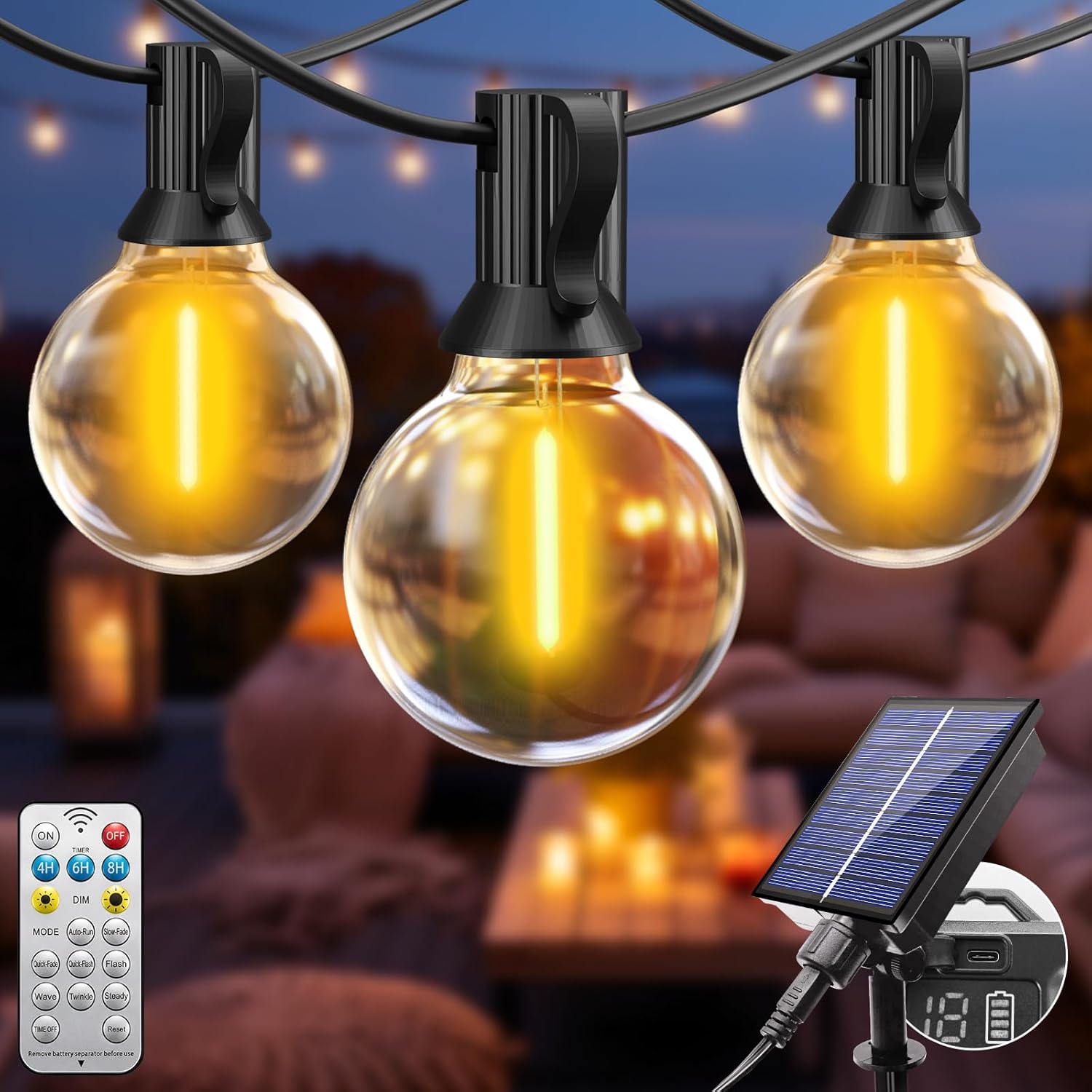 Detalle de btfarm Solar Lichterkette außen mit Fernbedienung (8 m, 10+1 LEDs, G40, warmweiß, 8 Modi)