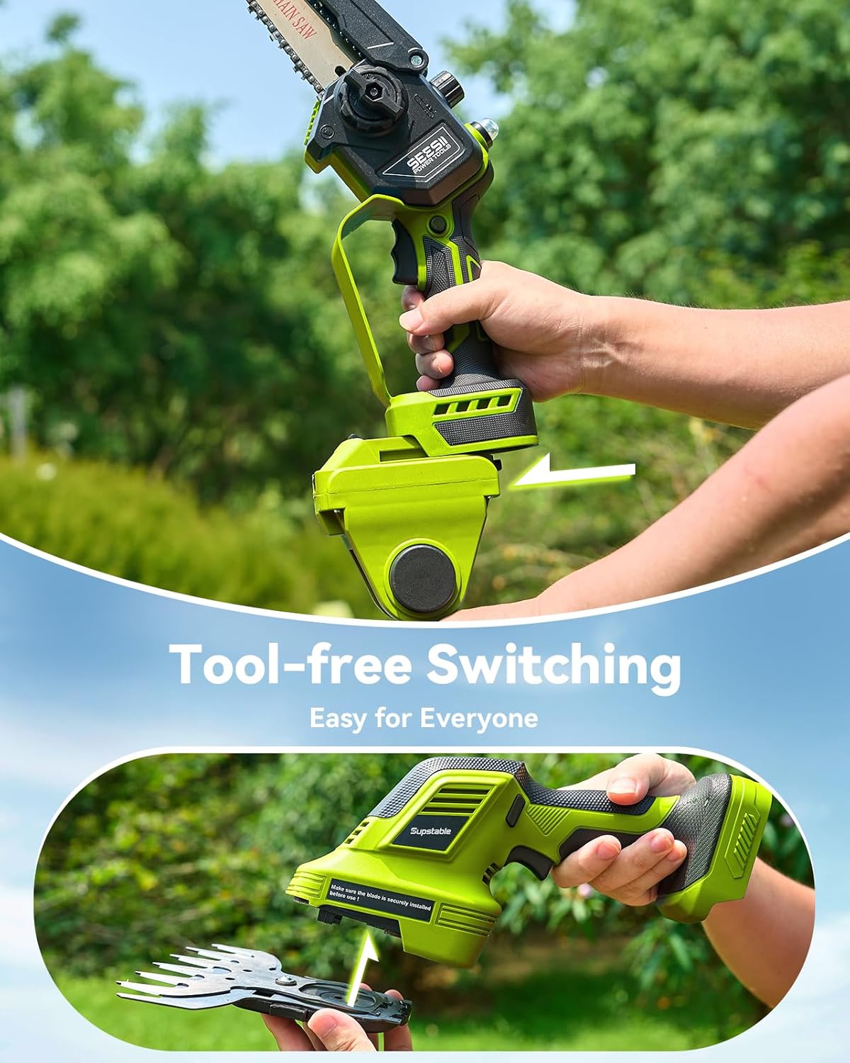 Thumbnail 5 de Kit de jardin Supstable 6-en-1 sans fil : mini-tronçonneuse, taille-haie, élagueuse télescopique jusqu’à 4,57 m